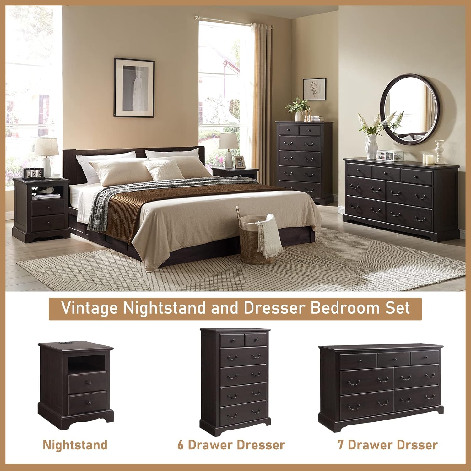 Rustic Espresso Tall 6-Drawer Dresser Chest for Bedroom