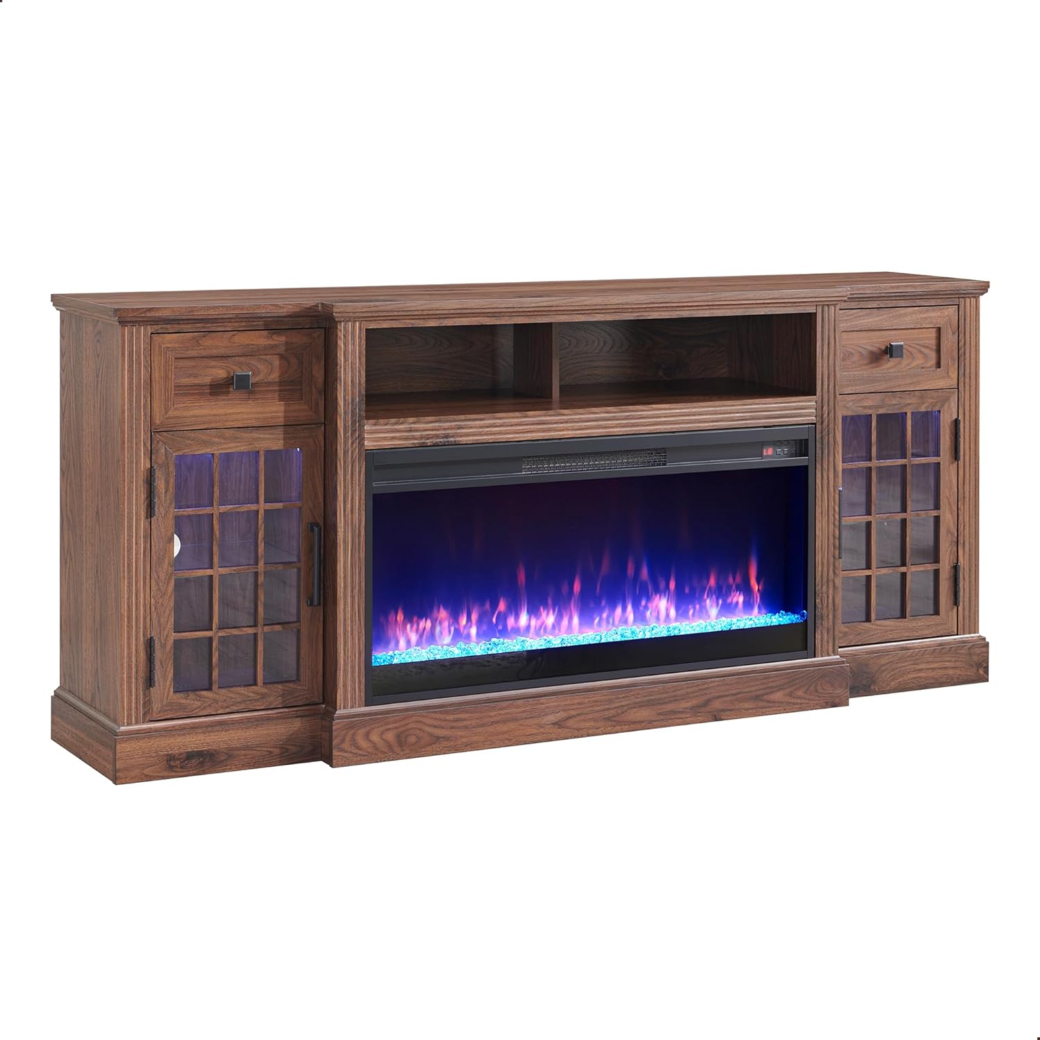 Farmhouse Highboy Entertainment Center with LED Lights and Electric Fireplace