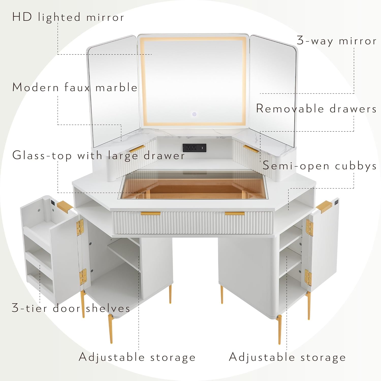 Fluted Corner Vanity Desk with Lighted Mirror and Charging Outlet