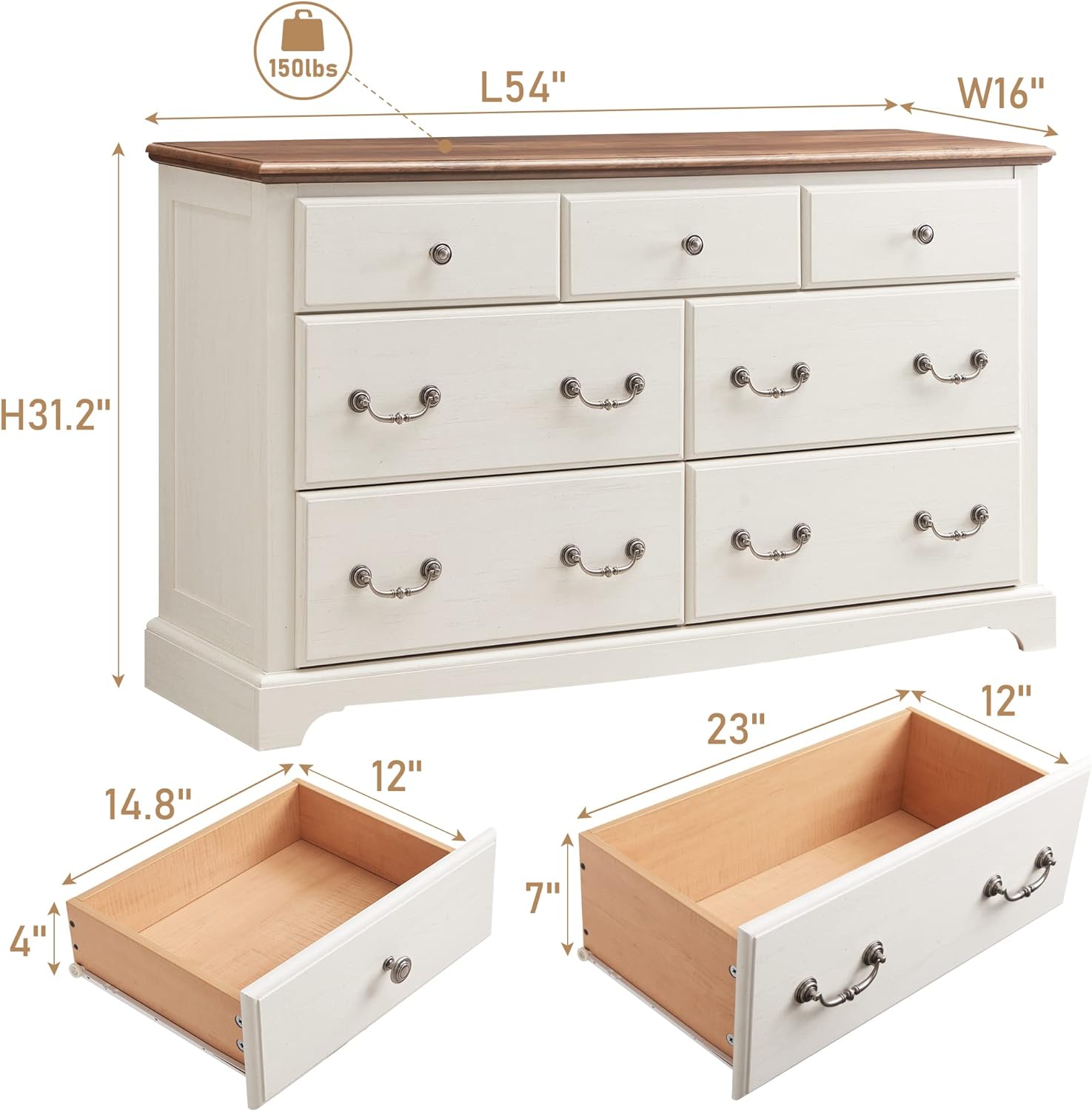 T4TREAM 7 Drawer Rustic Wood Dresser Chest for Bedroom, White