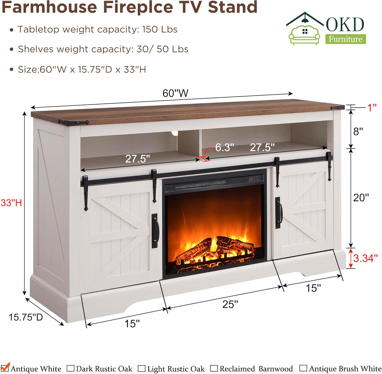 OKD Fireplace TV Stand for 65+ Inch TV, Farmhouse Style