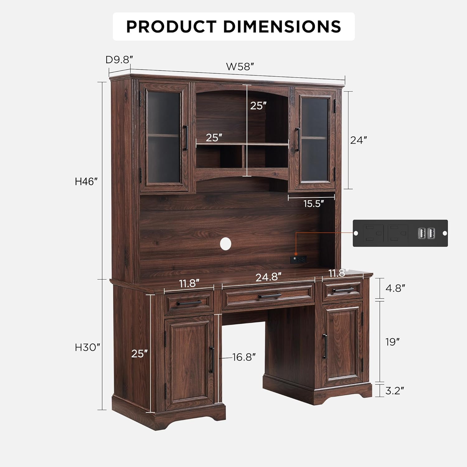 Farmhouse Computer Desk with Hutch, Charging Station and Storage