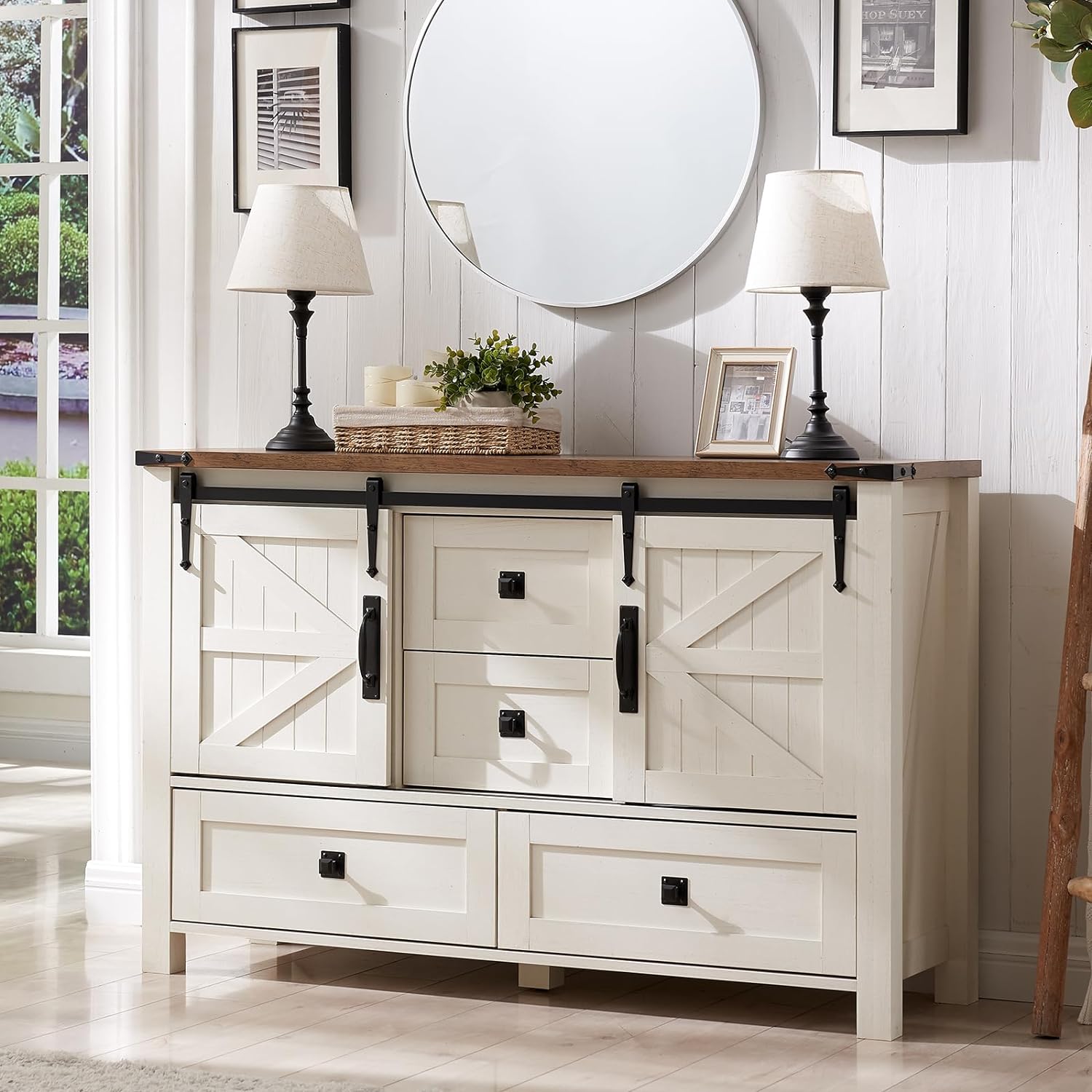 Rustic Farmhouse Dresser with Barn Doors, 4 Drawers
