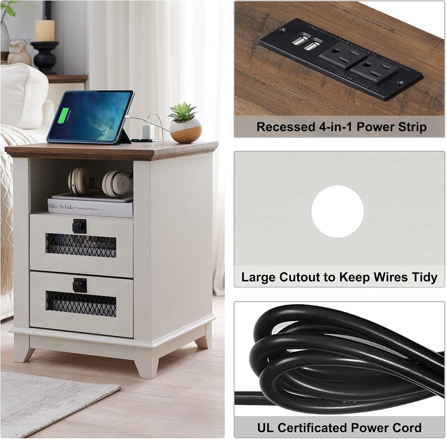 OKD Industrial Nightstand with Charging Station, Rustic Farmhouse End Table