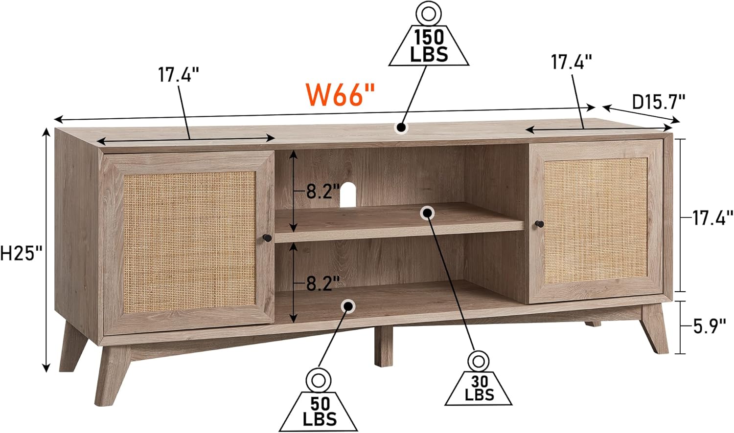 OKD Mid Century Modern TV Stand with Rattan Door for 75+ Inch TV