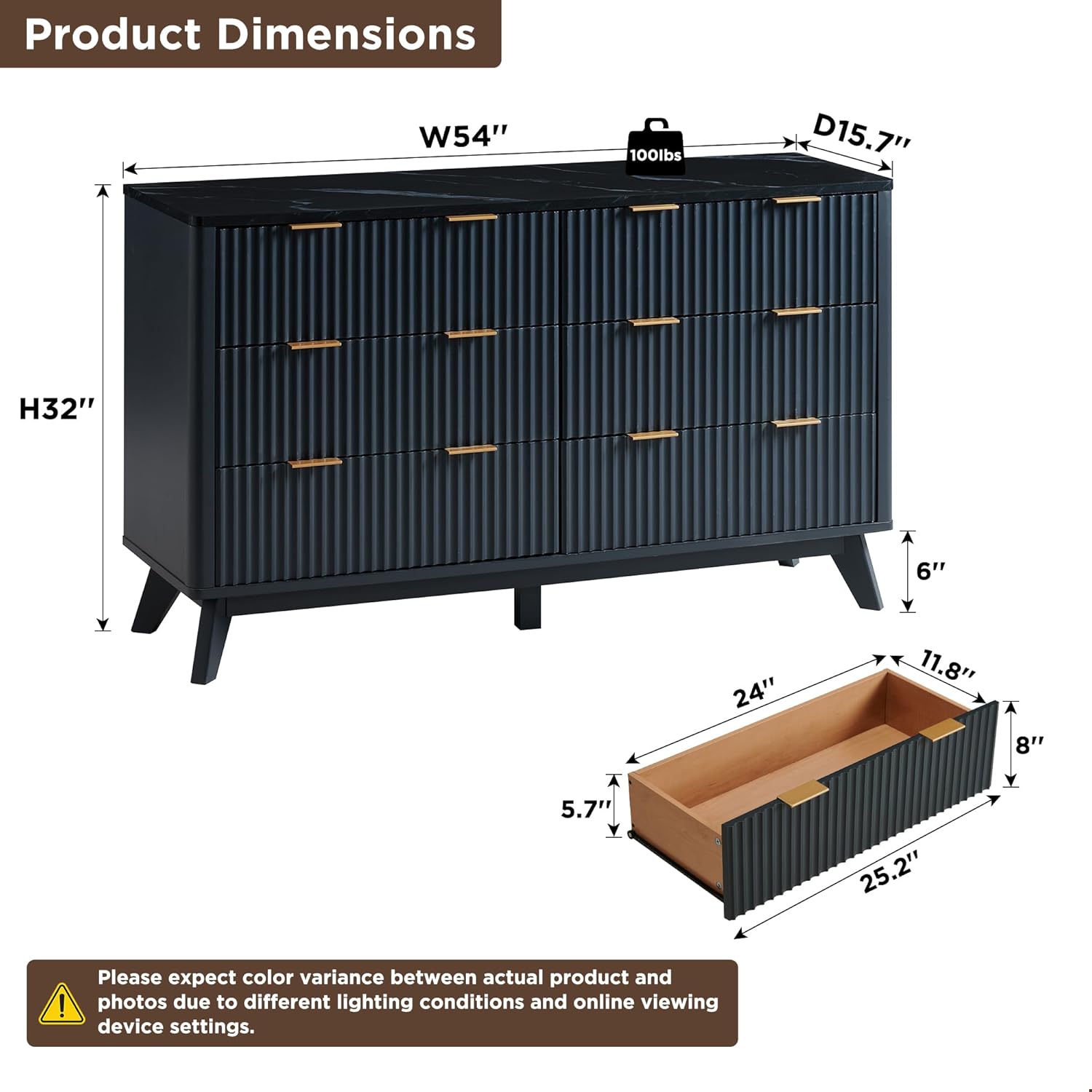 T4TREAM Fluted 6-Drawer Dresser, Dark Grey - Bedroom Organizer