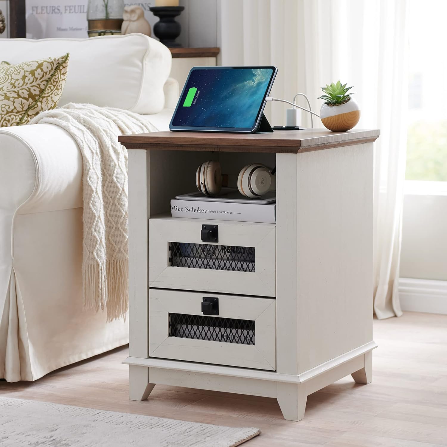 OKD Industrial Nightstand with Charging Station, Rustic Farmhouse End Table