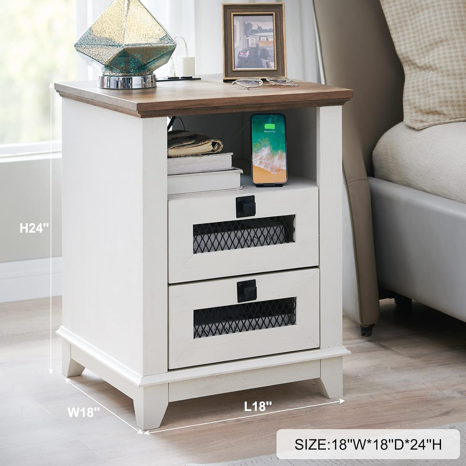 OKD Industrial Nightstand with Charging Station, Rustic Farmhouse End Table