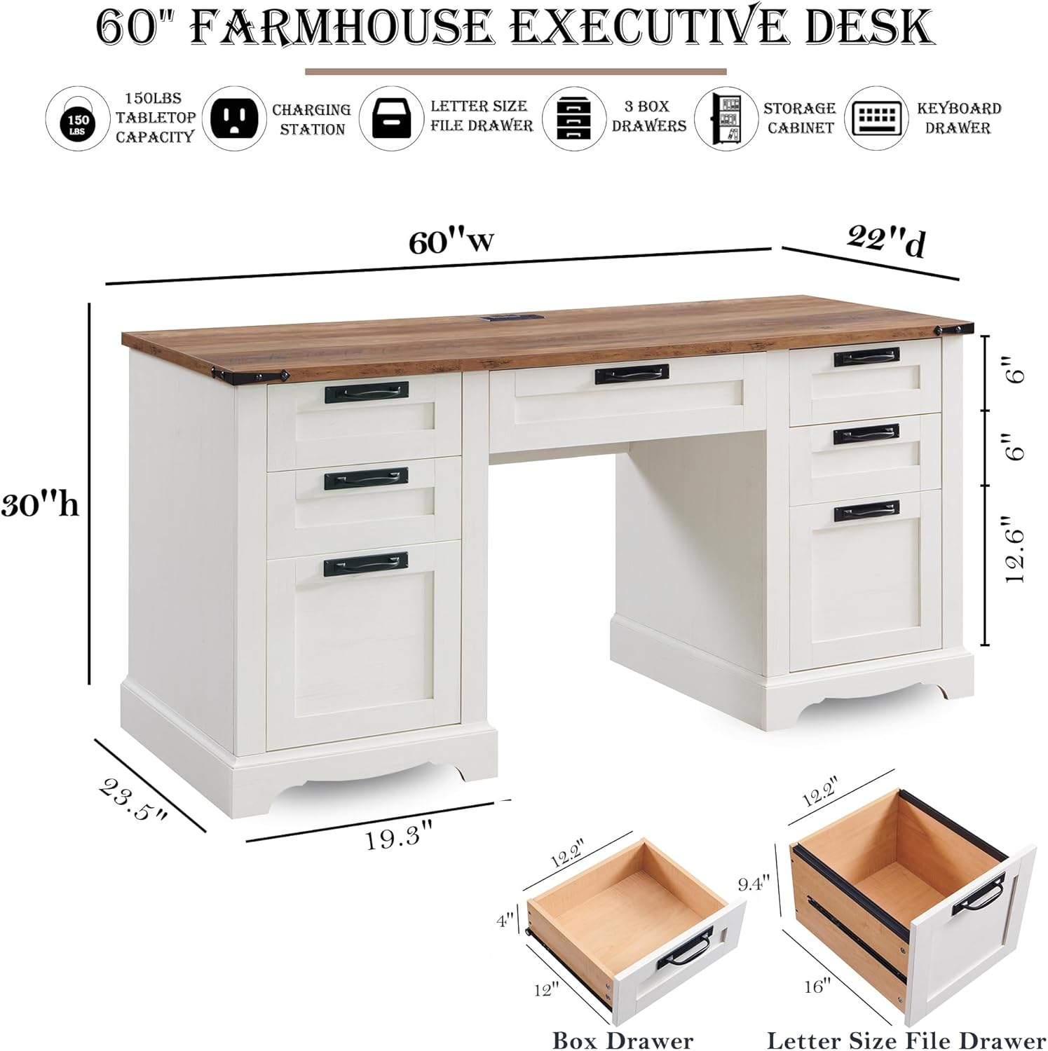 Farmhouse Executive Desk 60" with Charging Station, Antique White