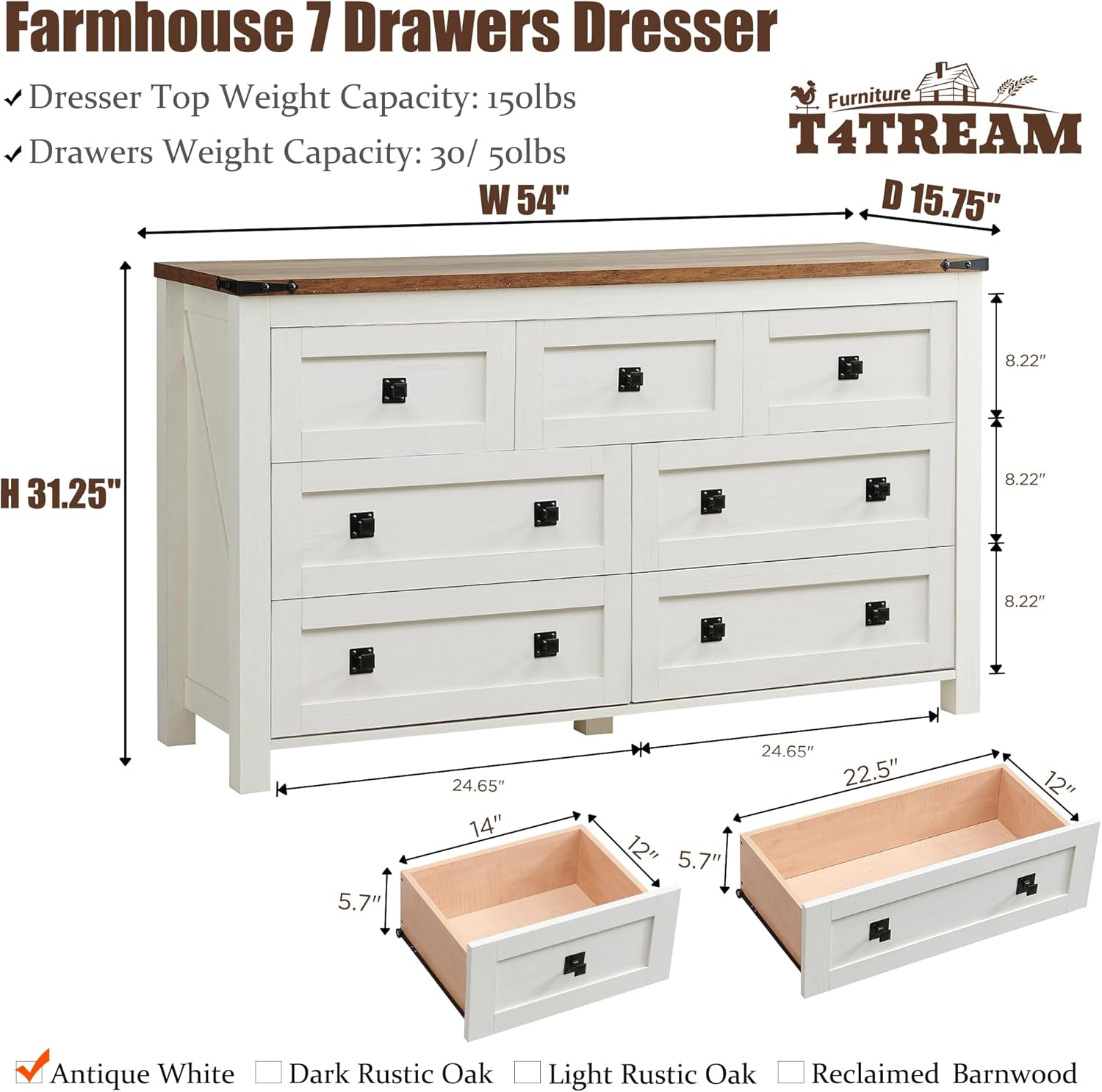 T4TREAM Farmhouse Antique White 7-Drawer Dresser, TV Stand, Organizer