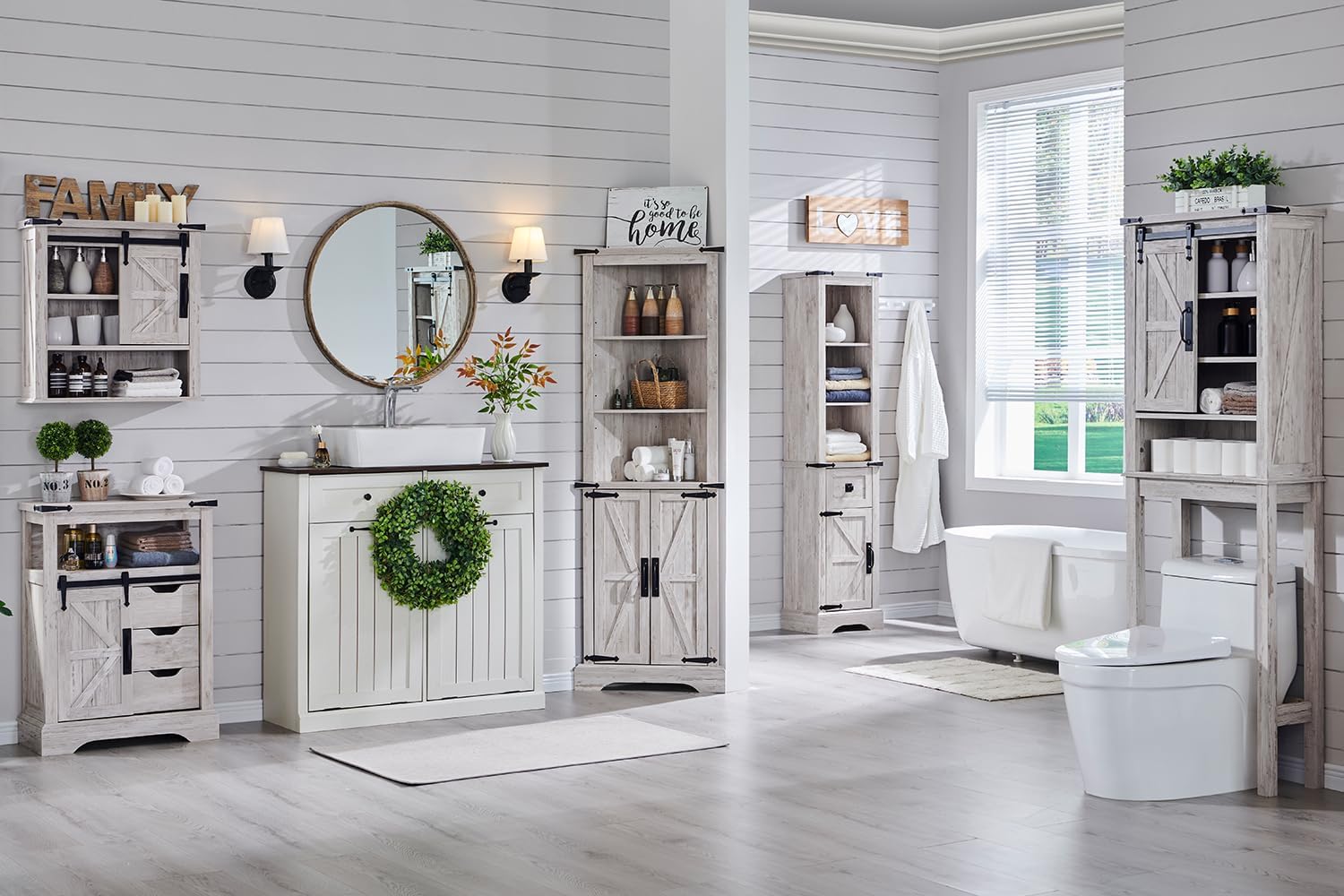 Farmhouse Bathroom Storage Cabinet with Adjustable Shelves and Drawer