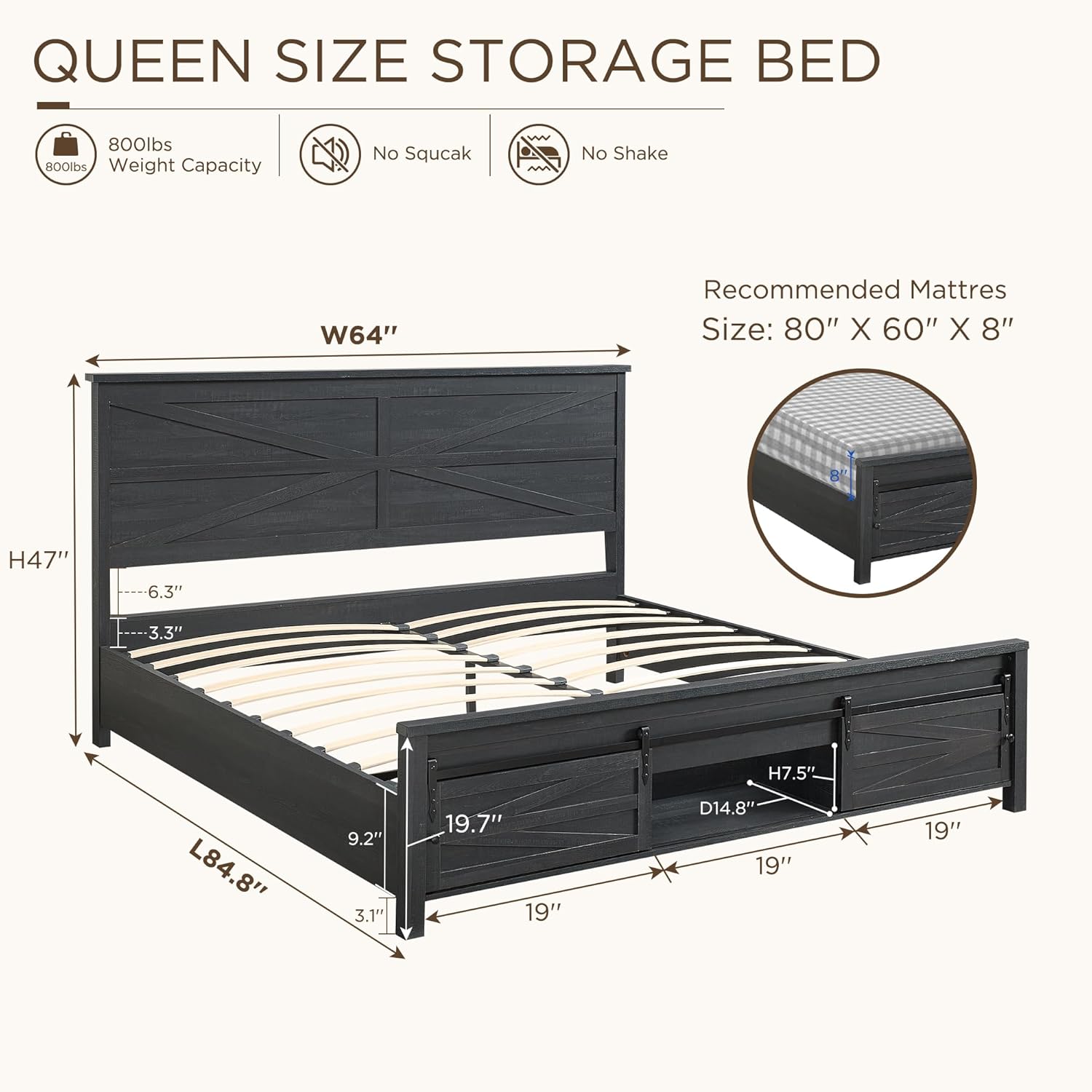JXQTLINGMU Queen Farmhouse Bed Frame with Barn Door Headboard, Black