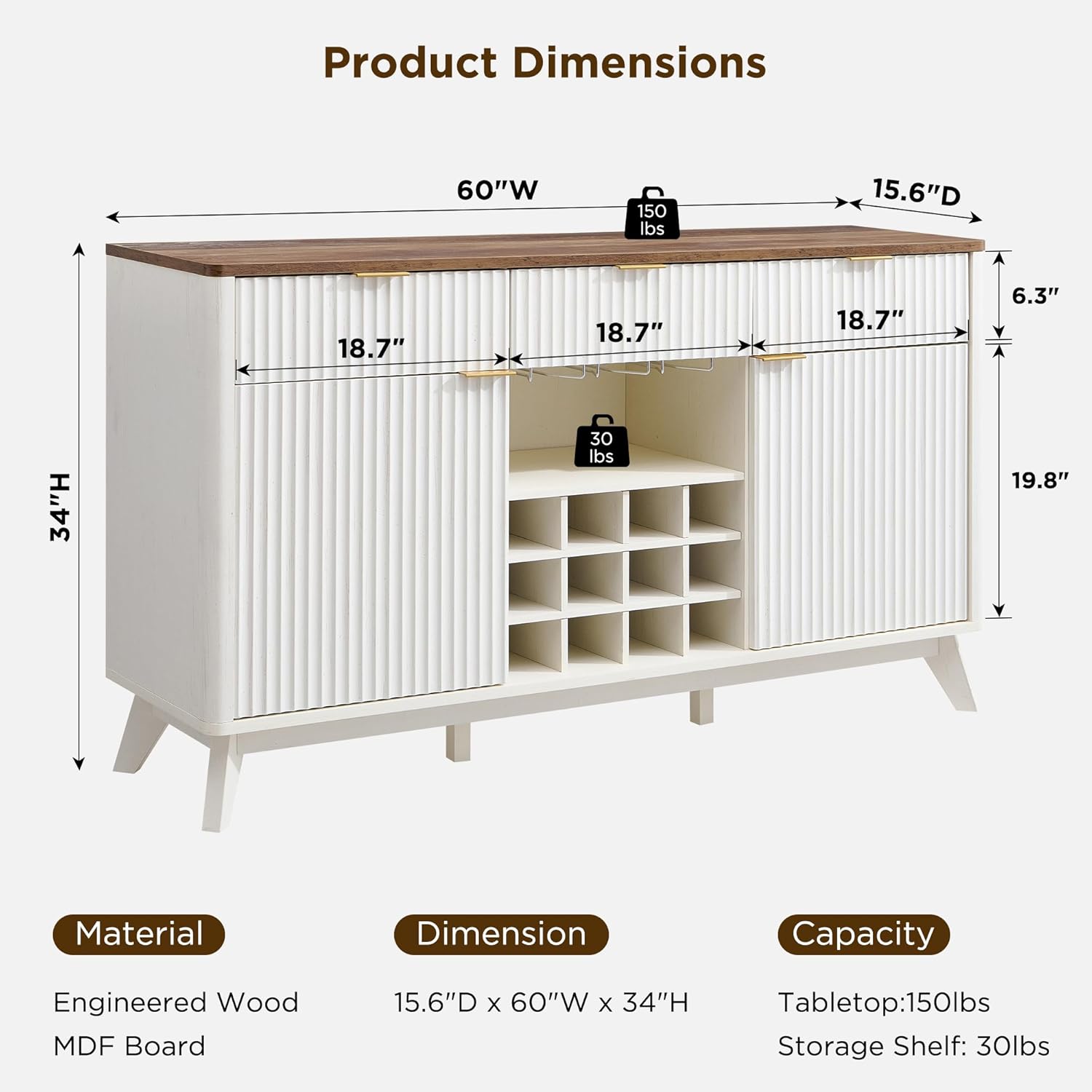OKD Fluted Wine Bar Cabinet: 60" Modern Coffee Bar, Solid White
