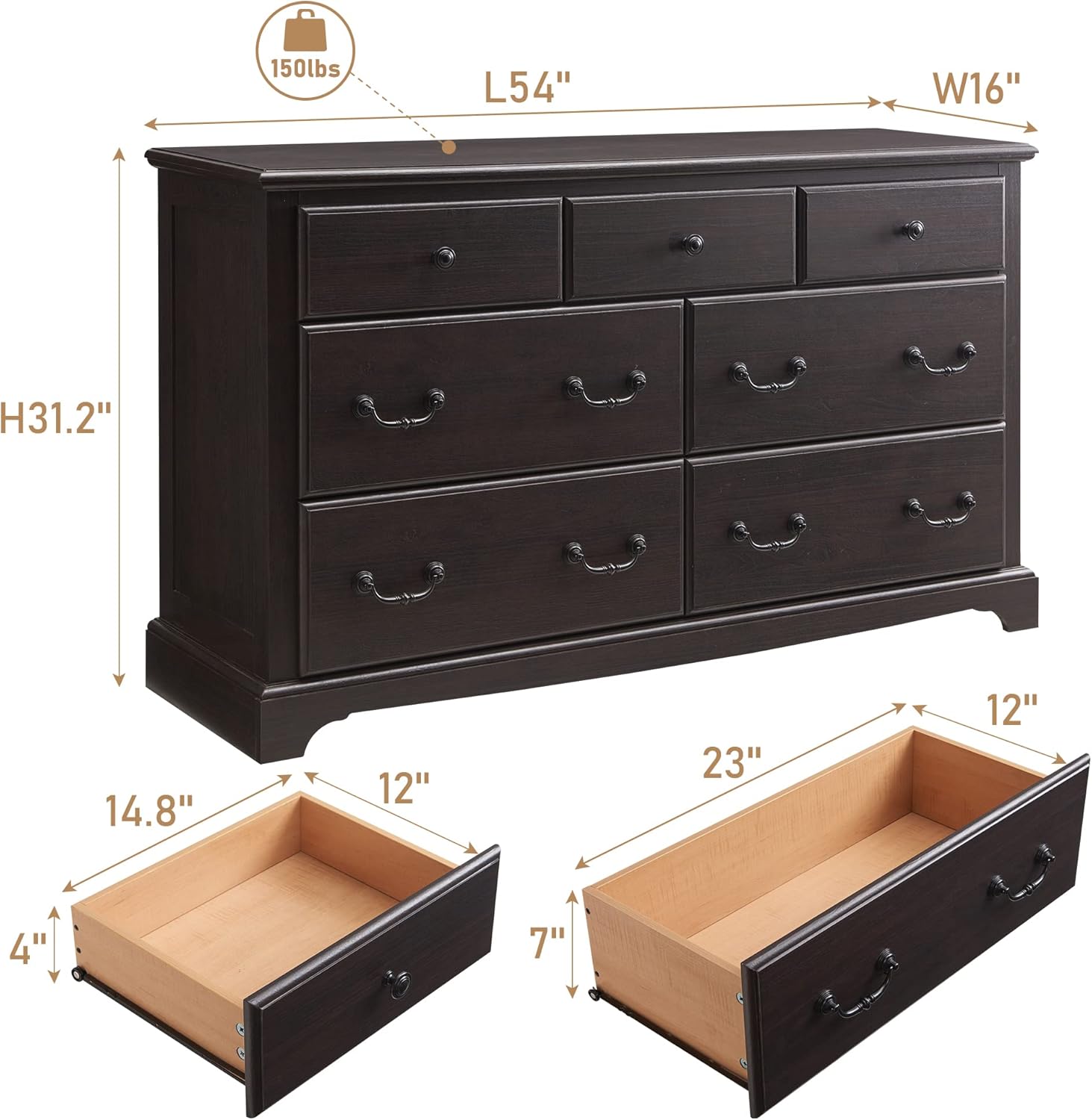 Rustic 7 Drawer Wood Dresser Chest for Bedroom