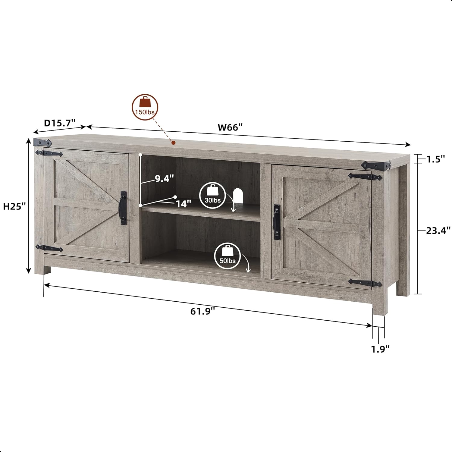 T4TREAM Farmhouse TV Stand with Barn Doors, Gray Wash