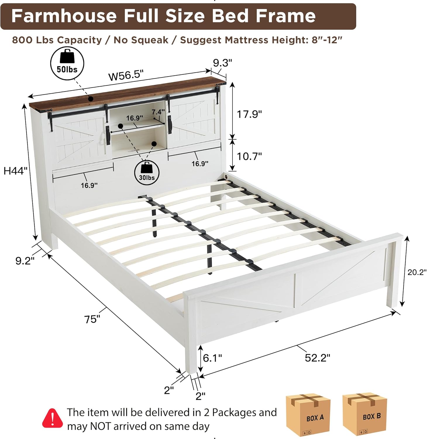 Farmhouse Full Size Bed Frame with Bookcase Headboard and Charging
