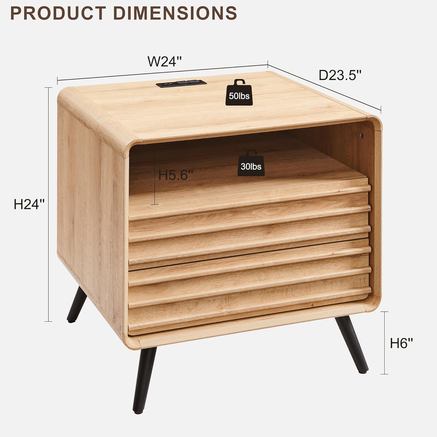 RedLemon Mid Century Nightstand with Charger Station & Two Drawers