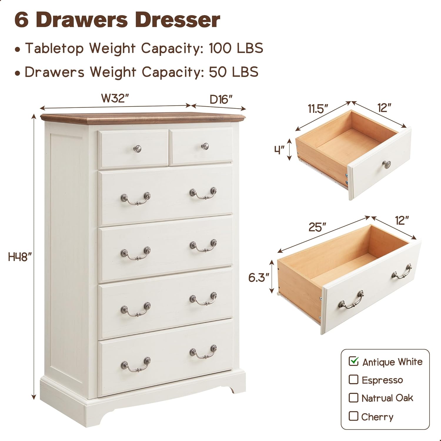 Rustic Tall 6-Drawer Dresser Chest for Bedroom