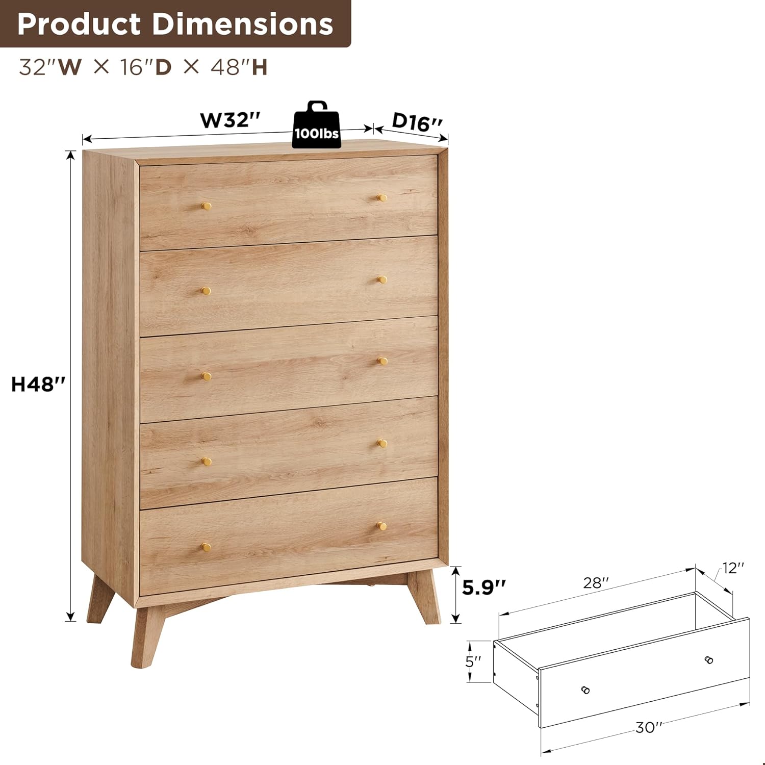 T4TREAM 5-Drawer Dresser: Mid-Century Modern Wood Storage Organizer