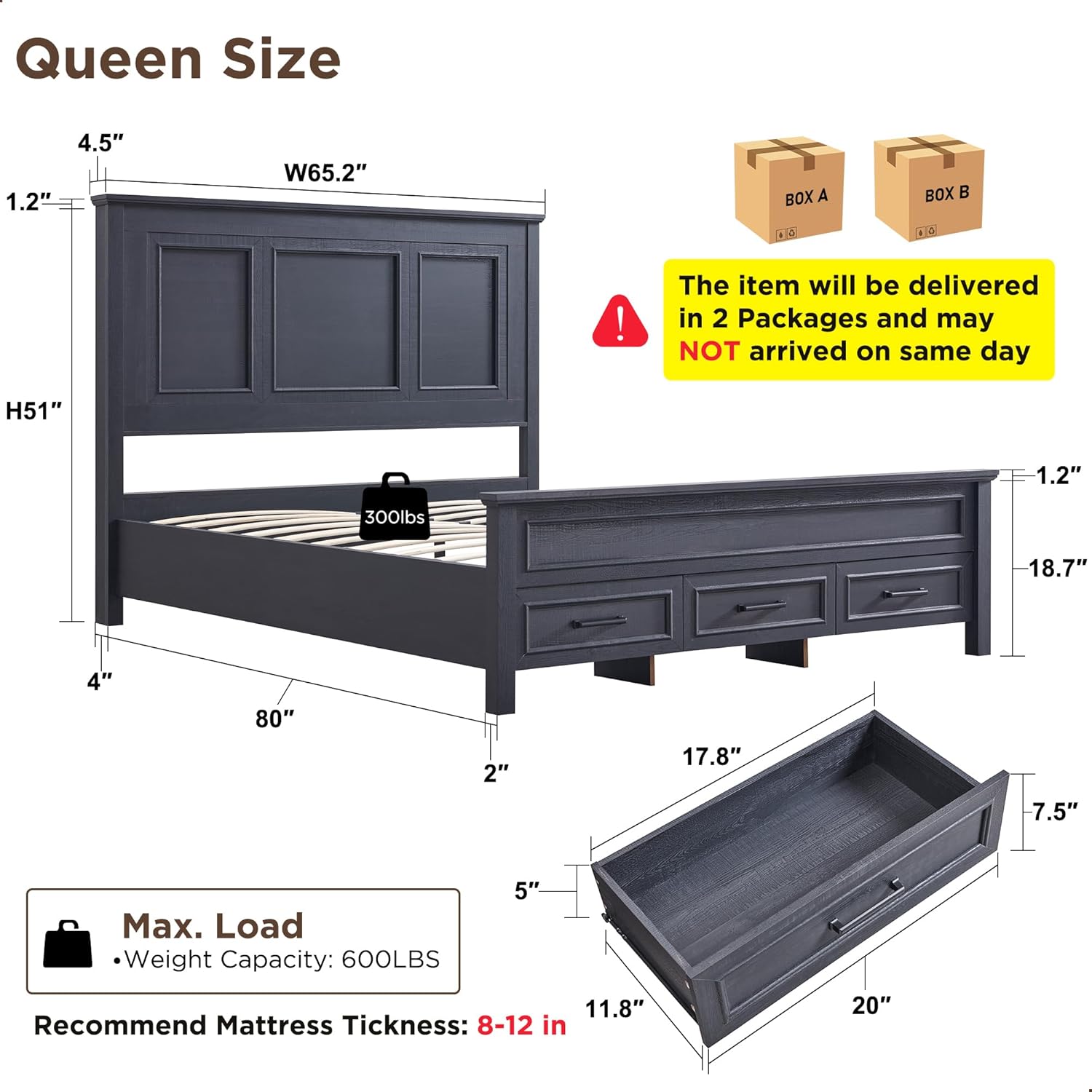 Farmhouse Queen Wooden Bed Frame with Storage, 52" Headboard