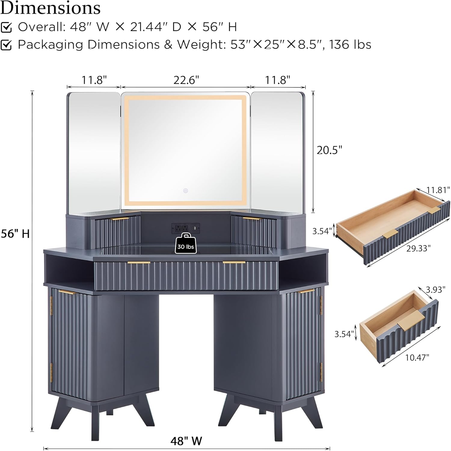 Fluted Makeup Vanity Desk with 3-Way Mirror and Lights