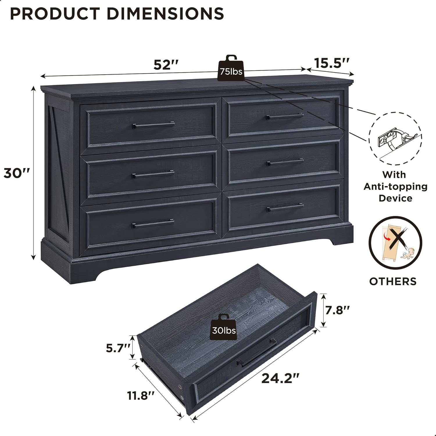 Rustic Farmhouse 6 Drawer Dresser | Wide Chest TV Stand, Black