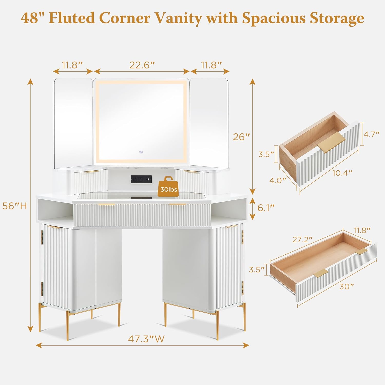 Fluted Corner Vanity Desk with Lighted Mirror and Charging Outlet
