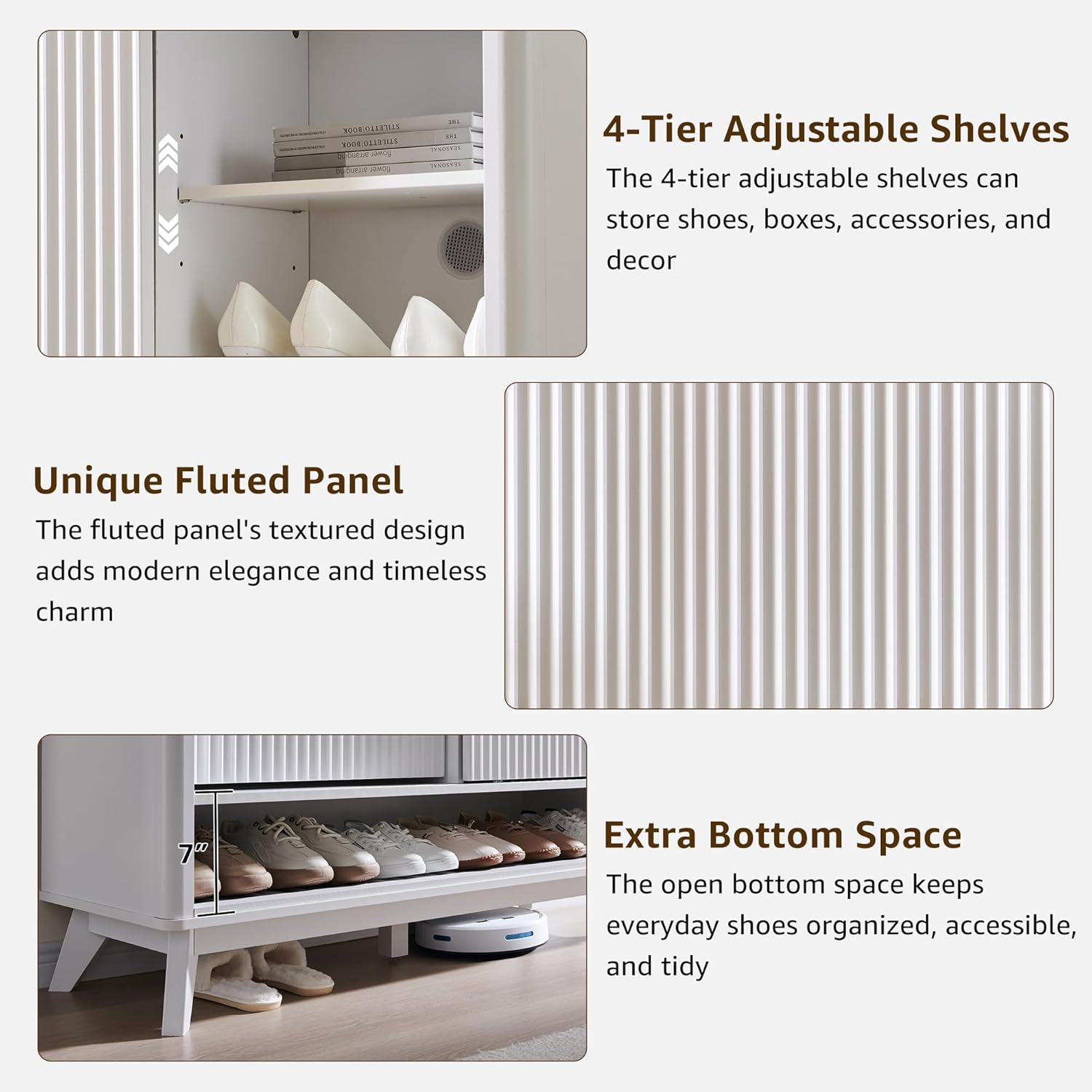 T4TREAM White Fluted Shoe Storage Cabinet - Organizer for Entryway