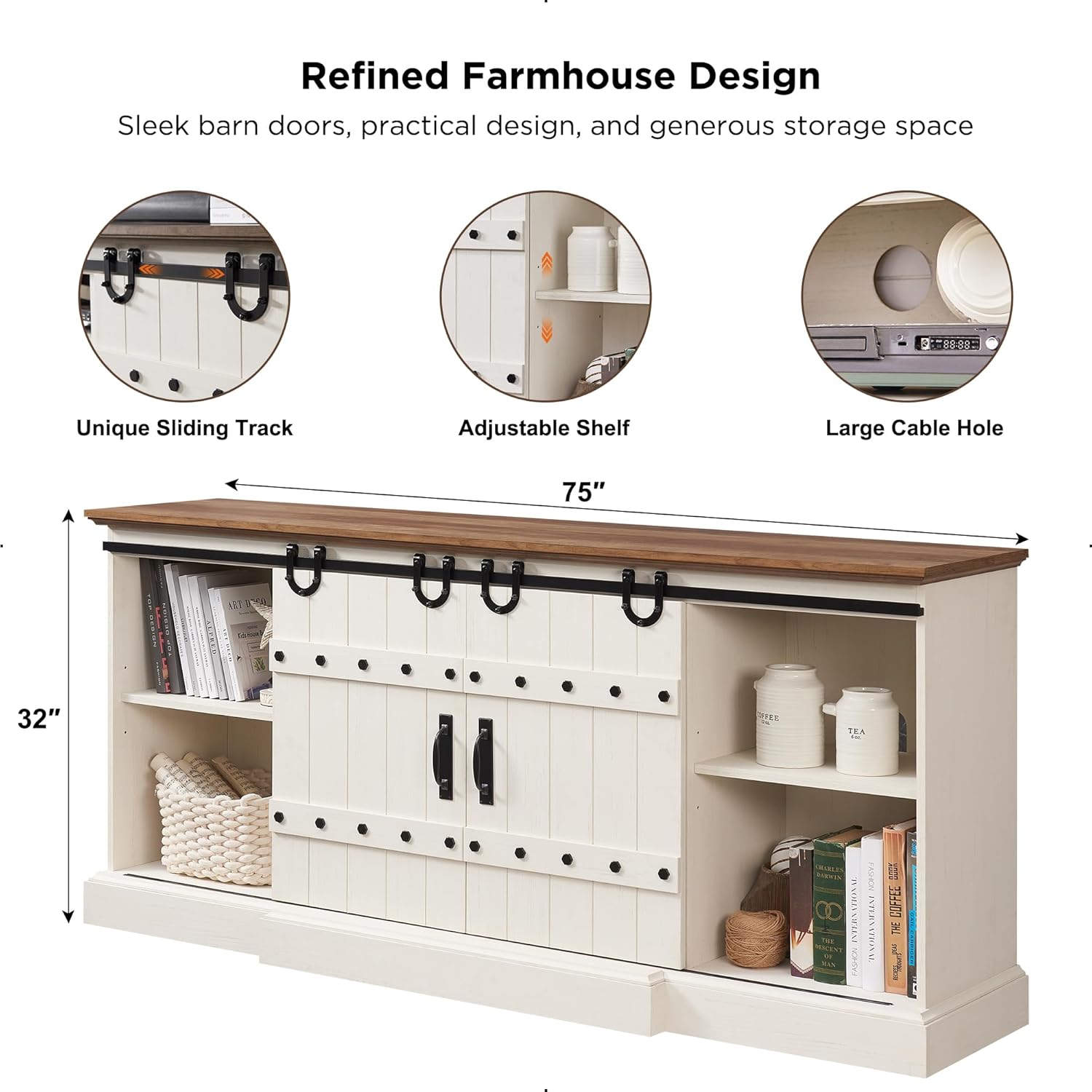 OKD 75" Rustic Farmhouse TV Stand with Sliding Barn Door