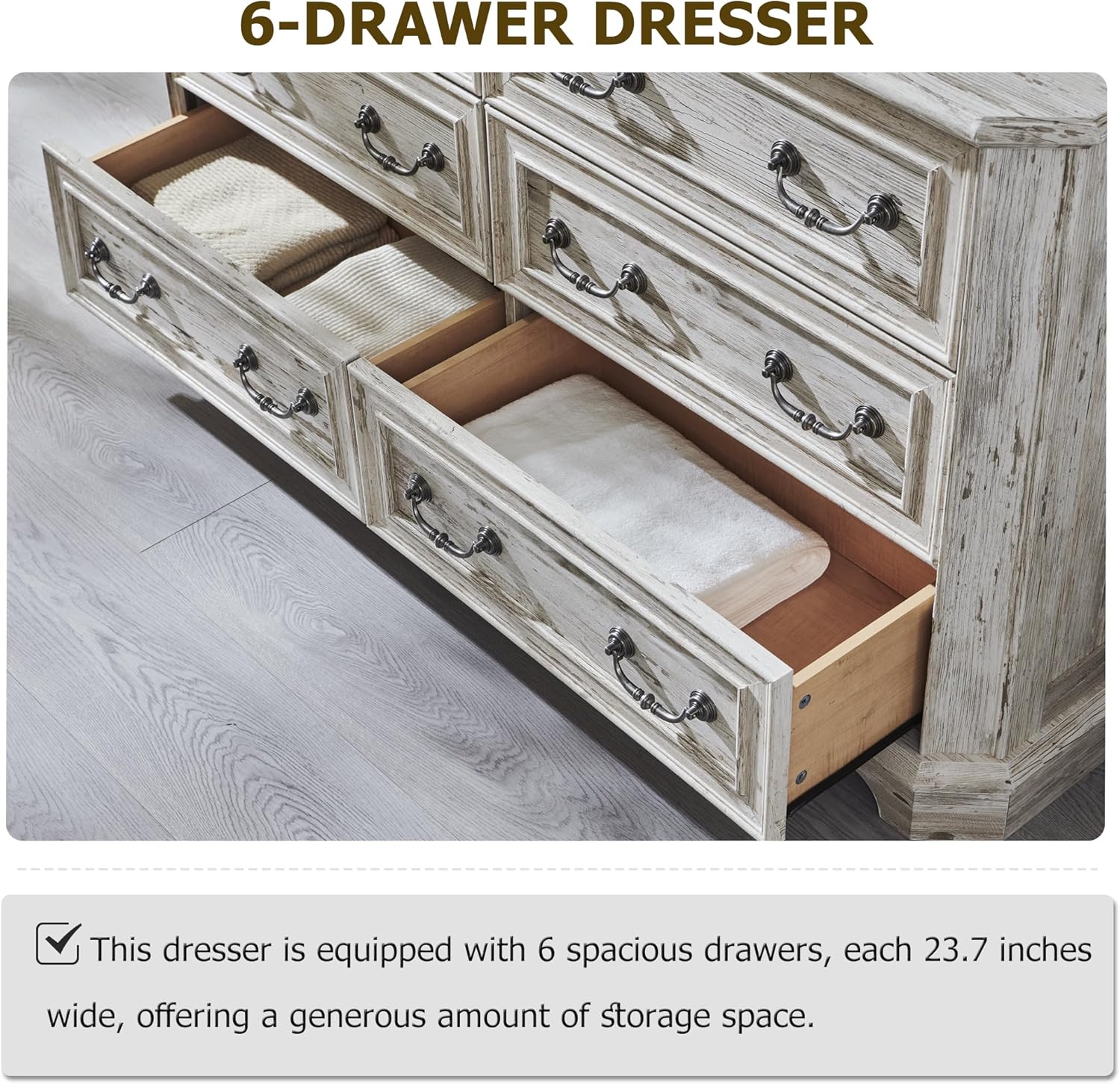 Wide Rustic Farmhouse 6-Drawer Dresser | Distressed White Wood