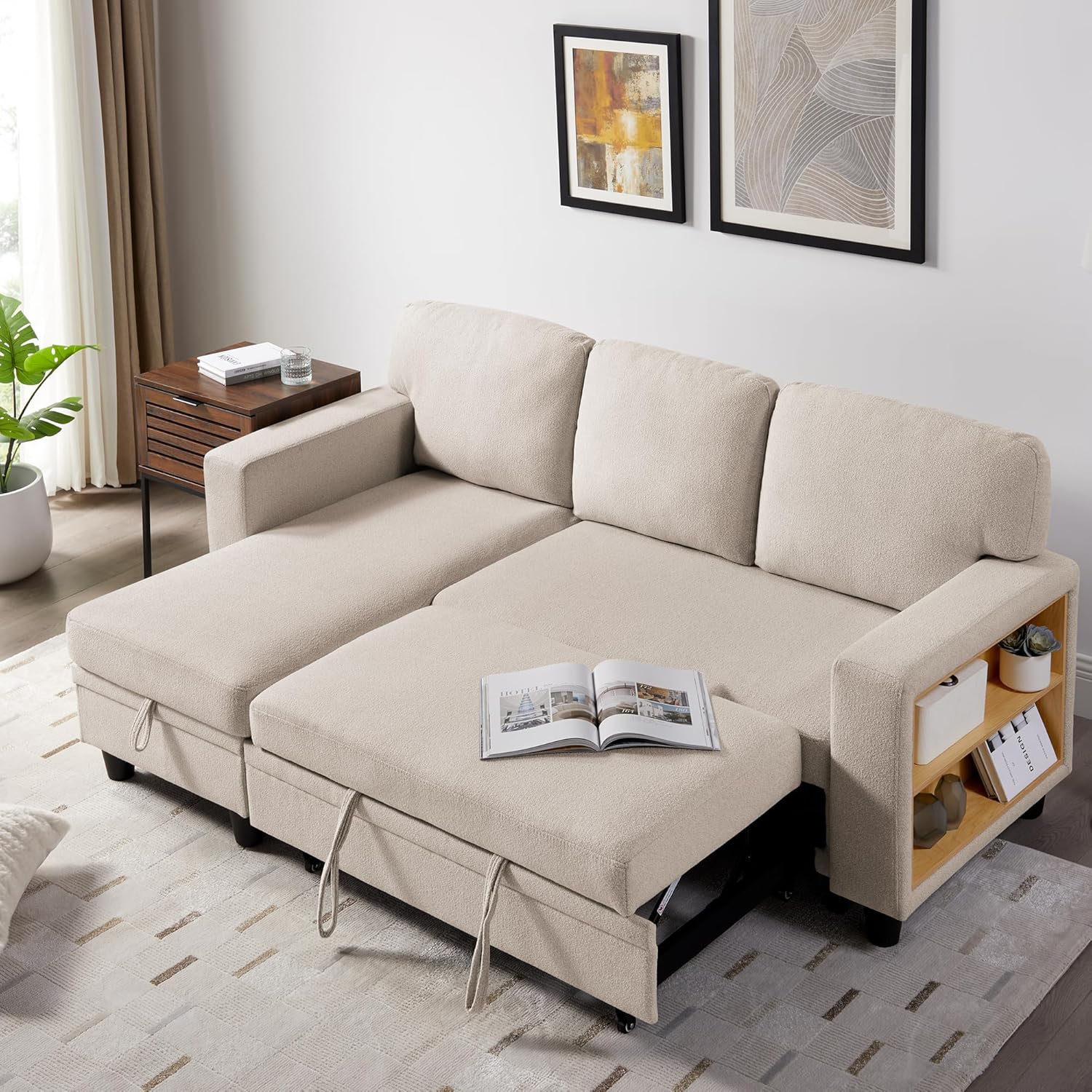 RedLemon Beige 80-Inch Sleeper Sofa Bed with Storage Chaise