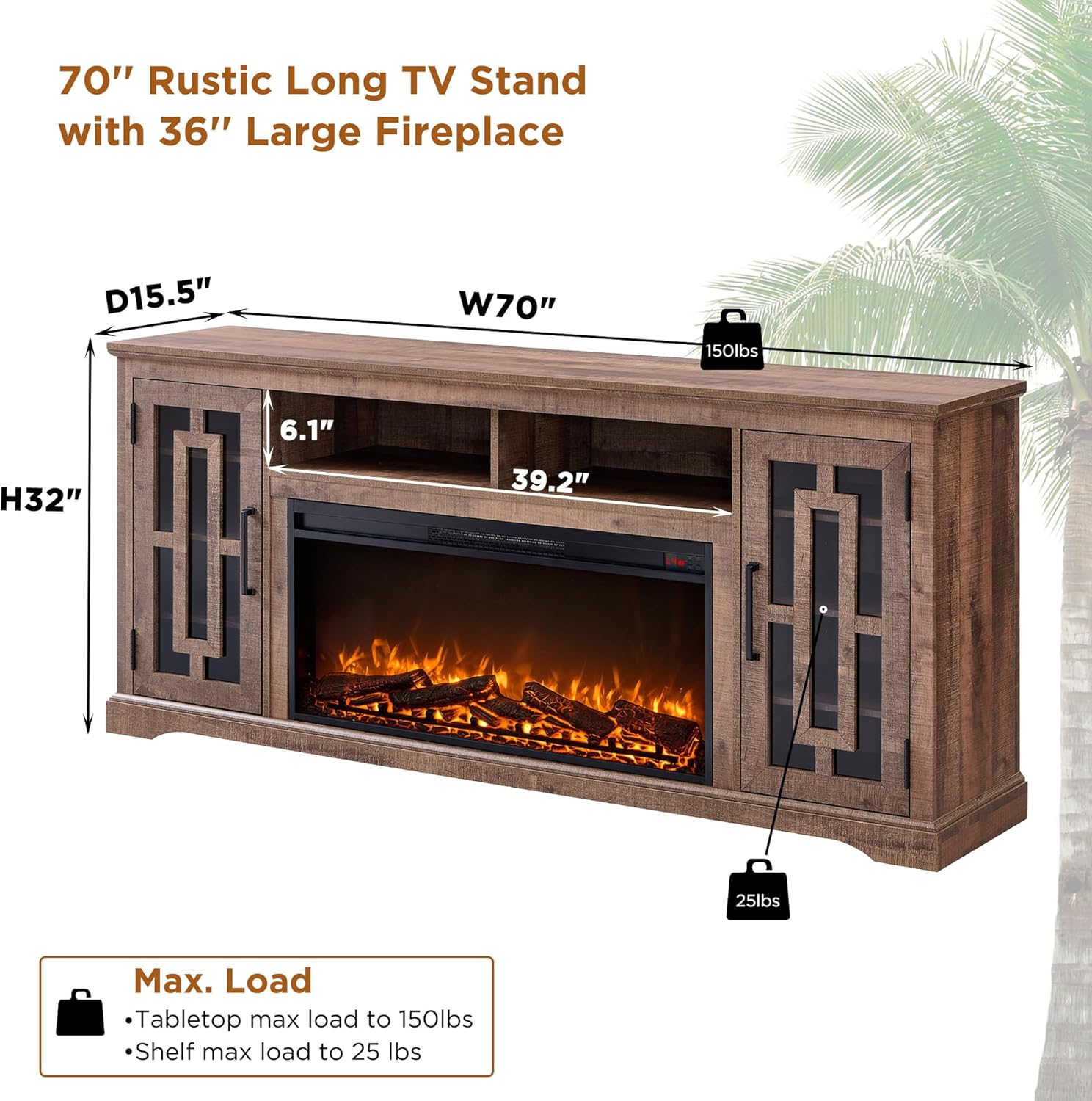 JXQTLINGMU Farmhouse Fireplace TV Stand for 80 Inch TV with Shelves