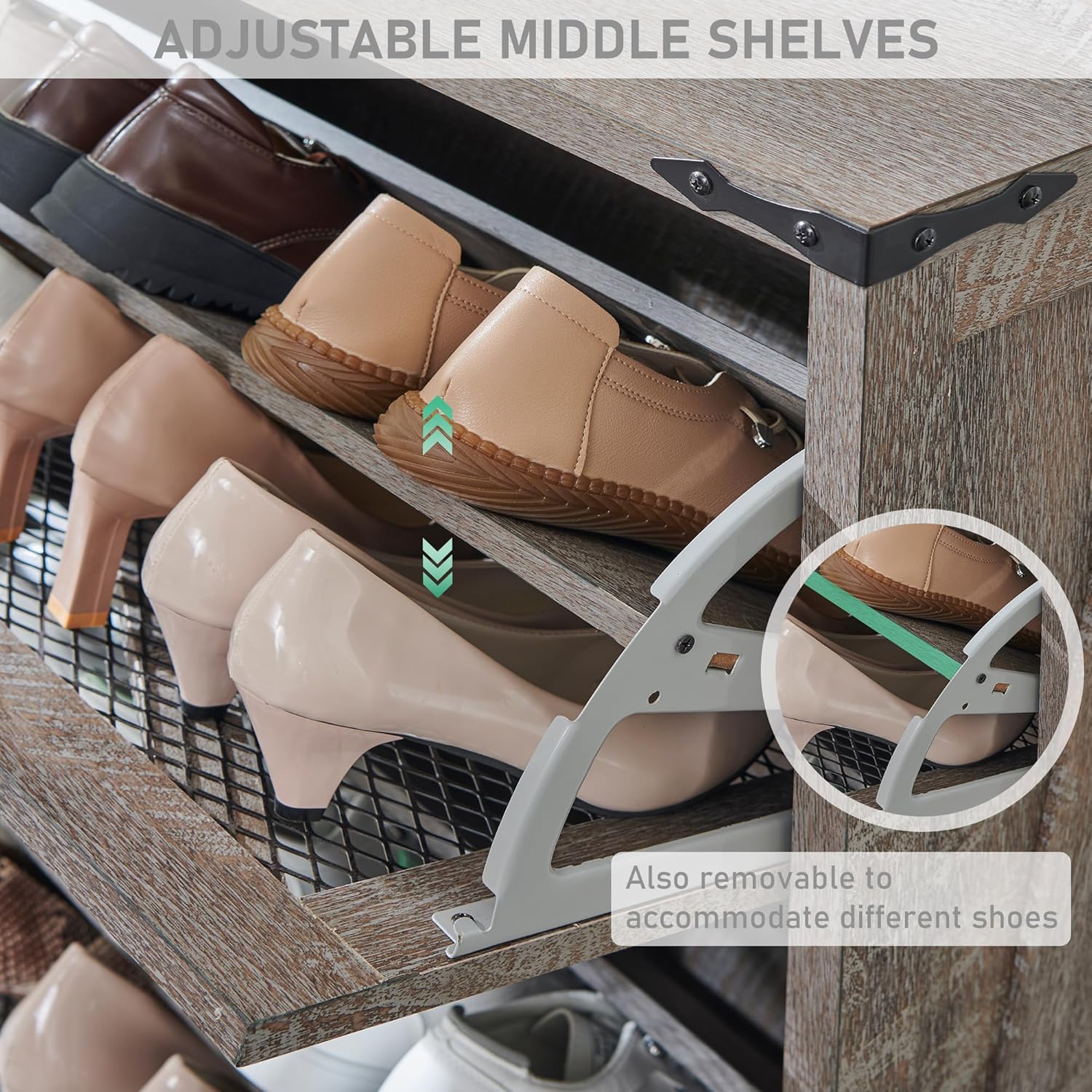 Farmhouse Grey Shoe Cabinet with Flip Drawers and Mesh Doors