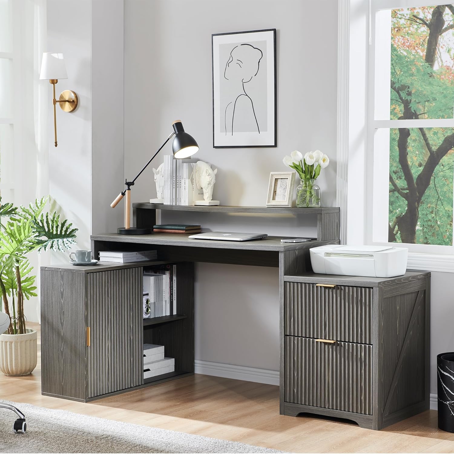 Modern 67" L-Shaped Desk with Storage & Power Outlets