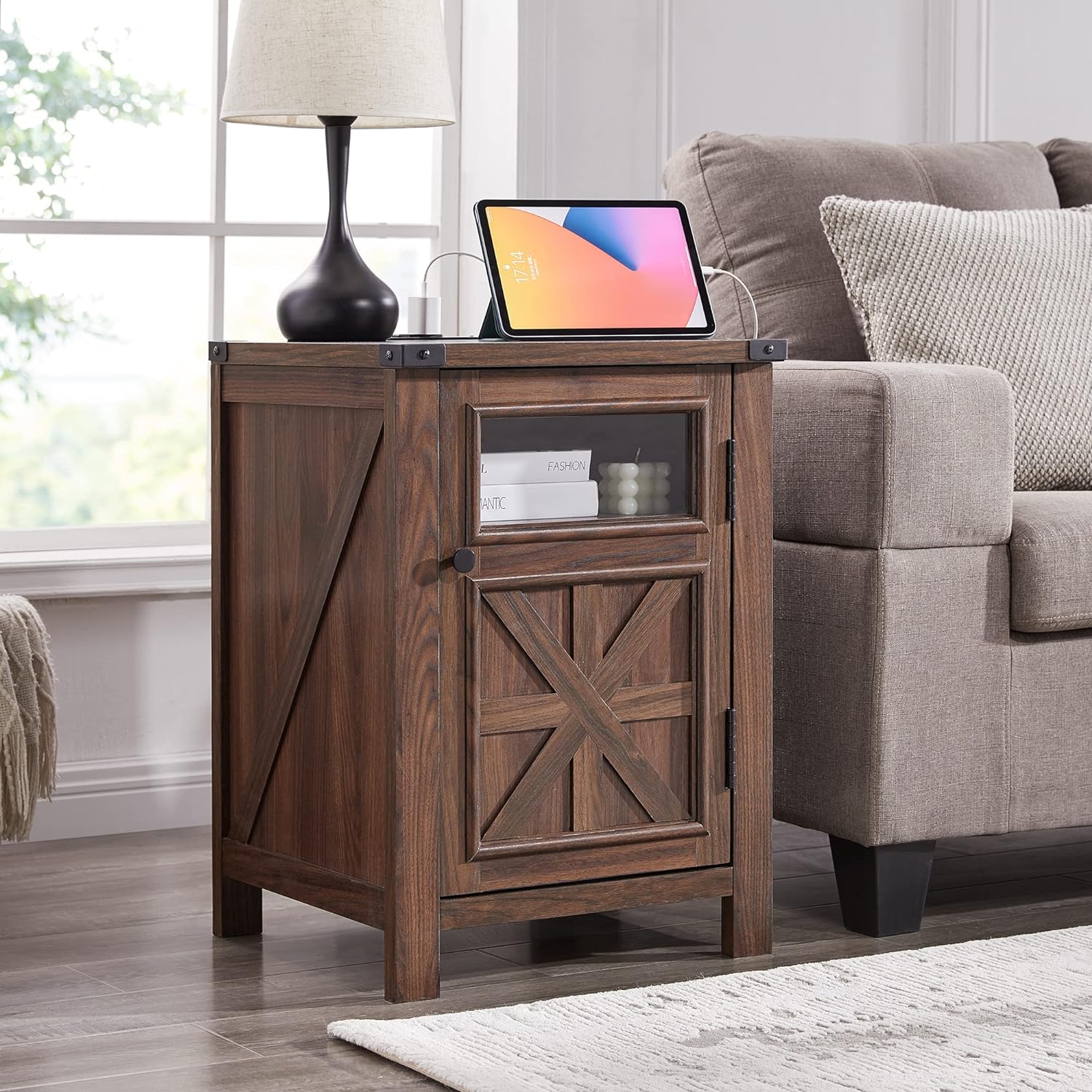 Farmhouse End Table with Charging Station Rustic Barn Door Nightstand