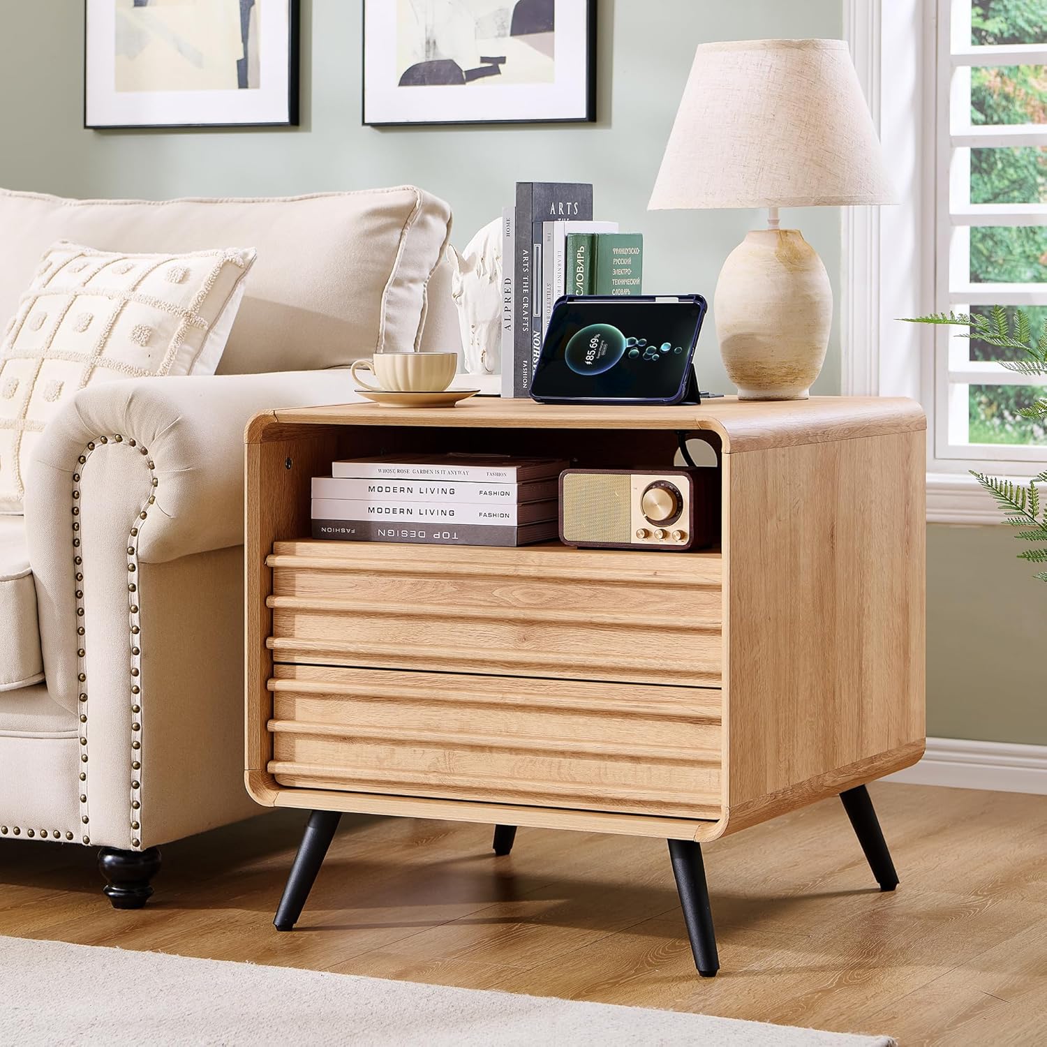 RedLemon Mid Century Nightstand with Charger Station & Two Drawers