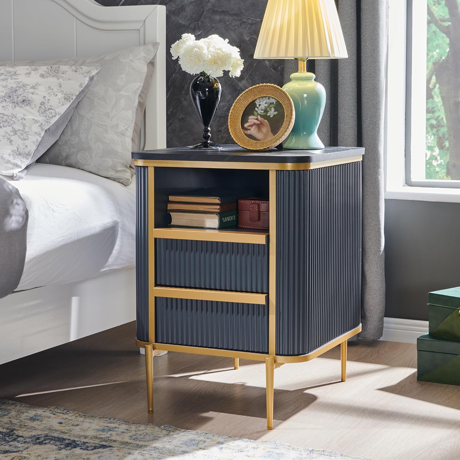 Modern Dark Grey Fluted Nightstand with Charging Station and Drawers