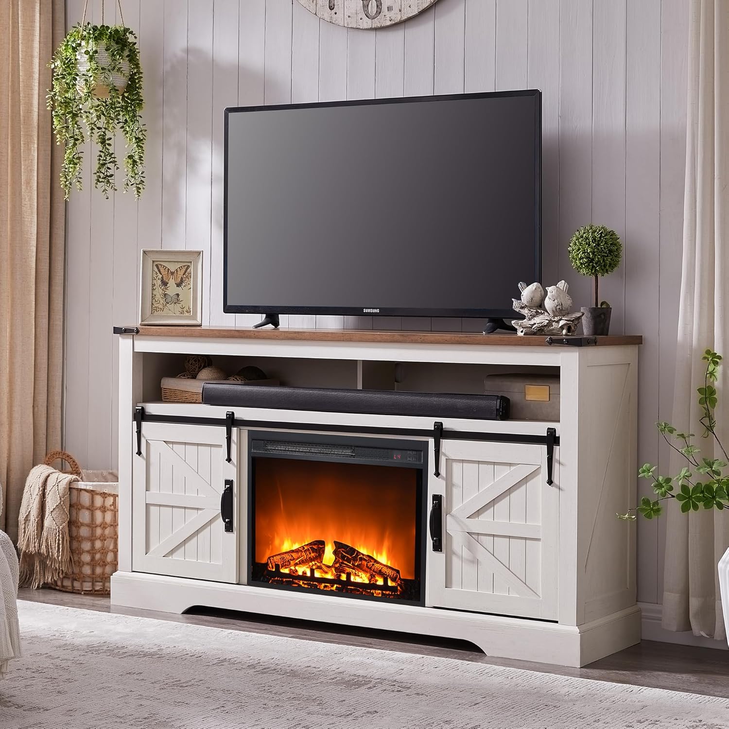 OKD Fireplace TV Stand for 65+ Inch TV, Farmhouse Style