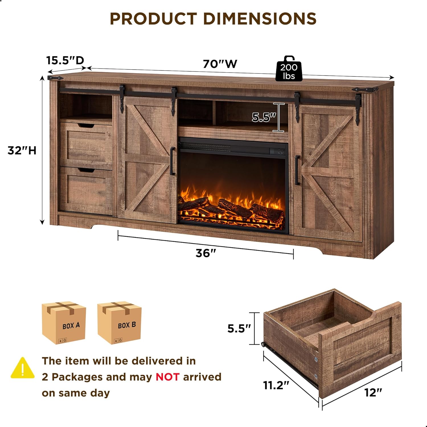 Farmhouse Fireplace TV Stand for 80 Inch TV with Storage