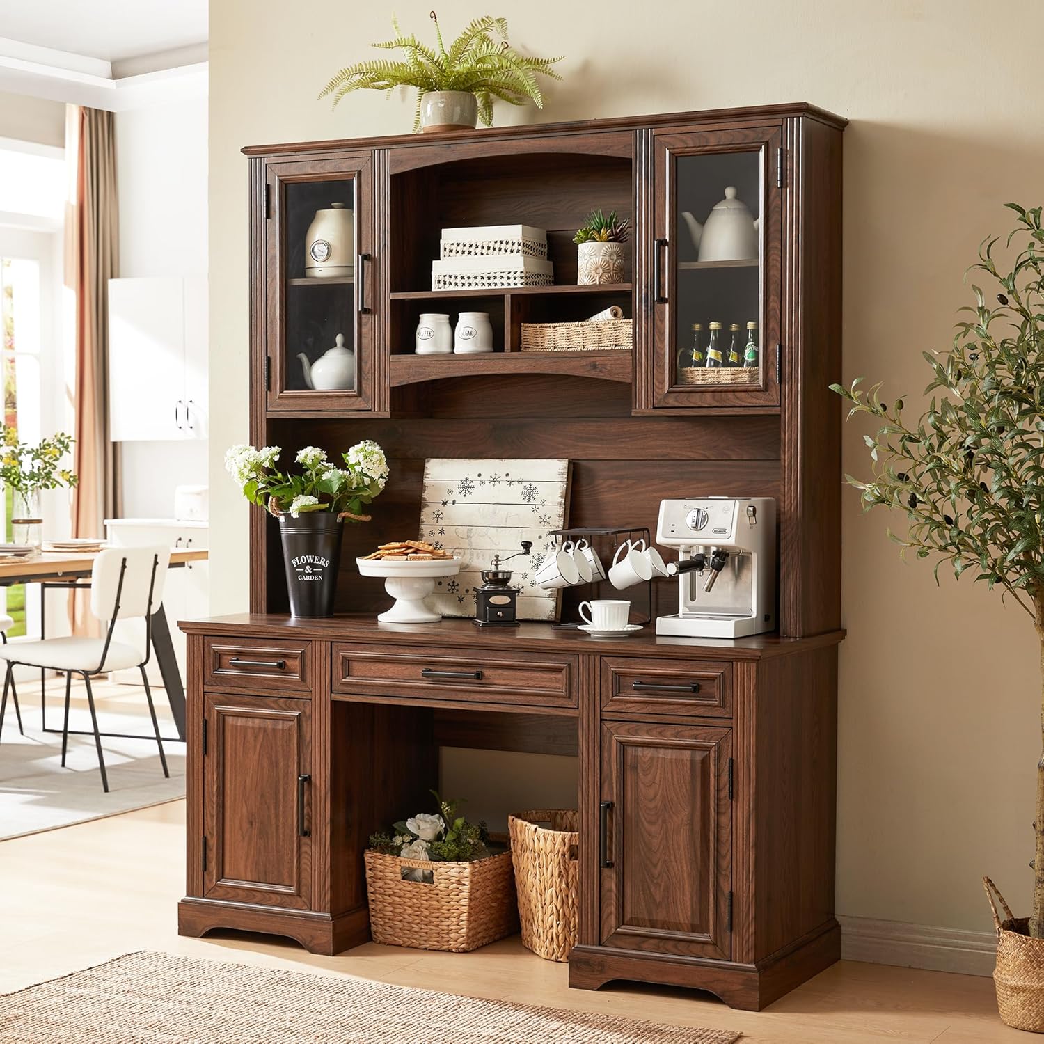 Farmhouse Computer Desk with Hutch, Charging Station and Storage