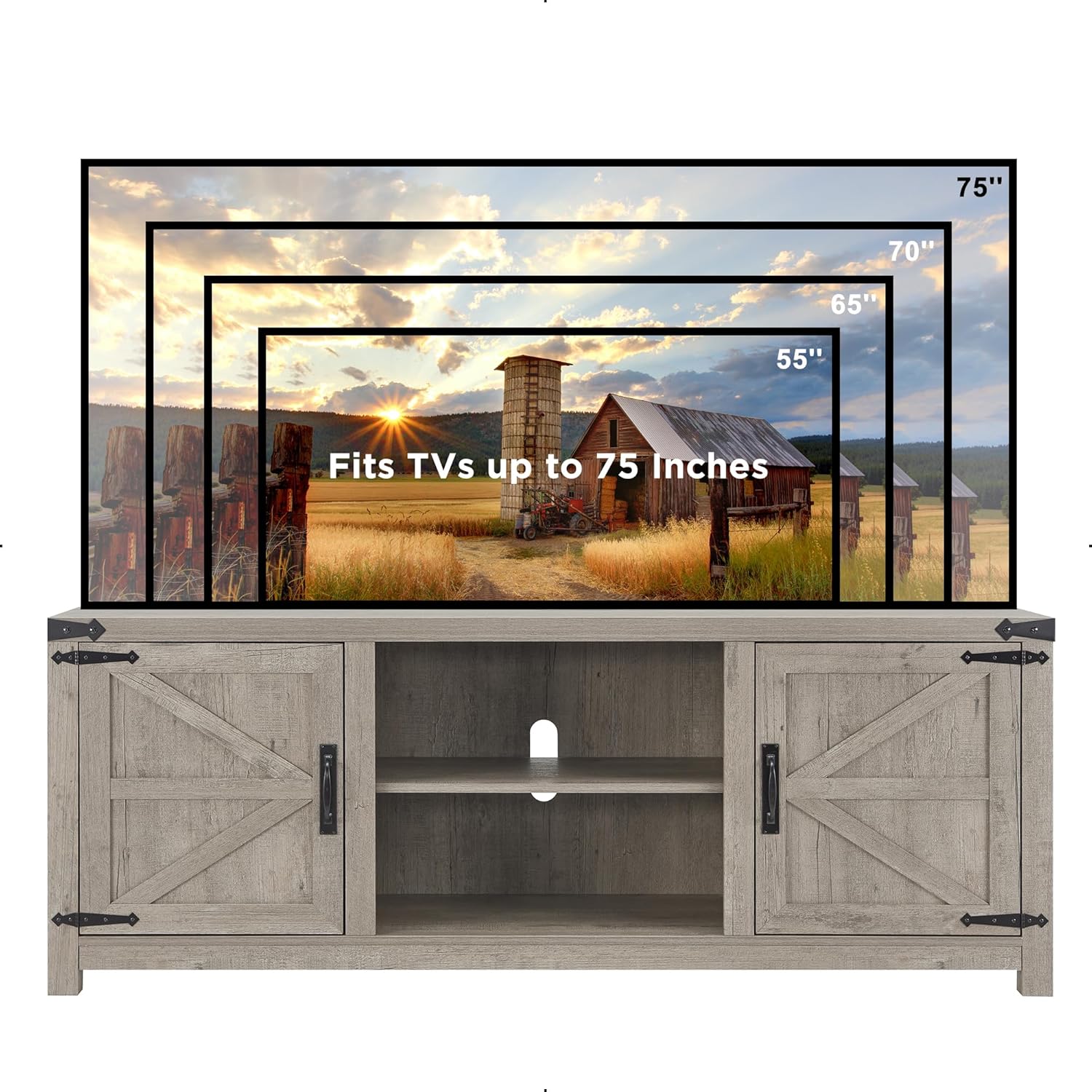 T4TREAM Farmhouse TV Stand with Barn Doors, Gray Wash