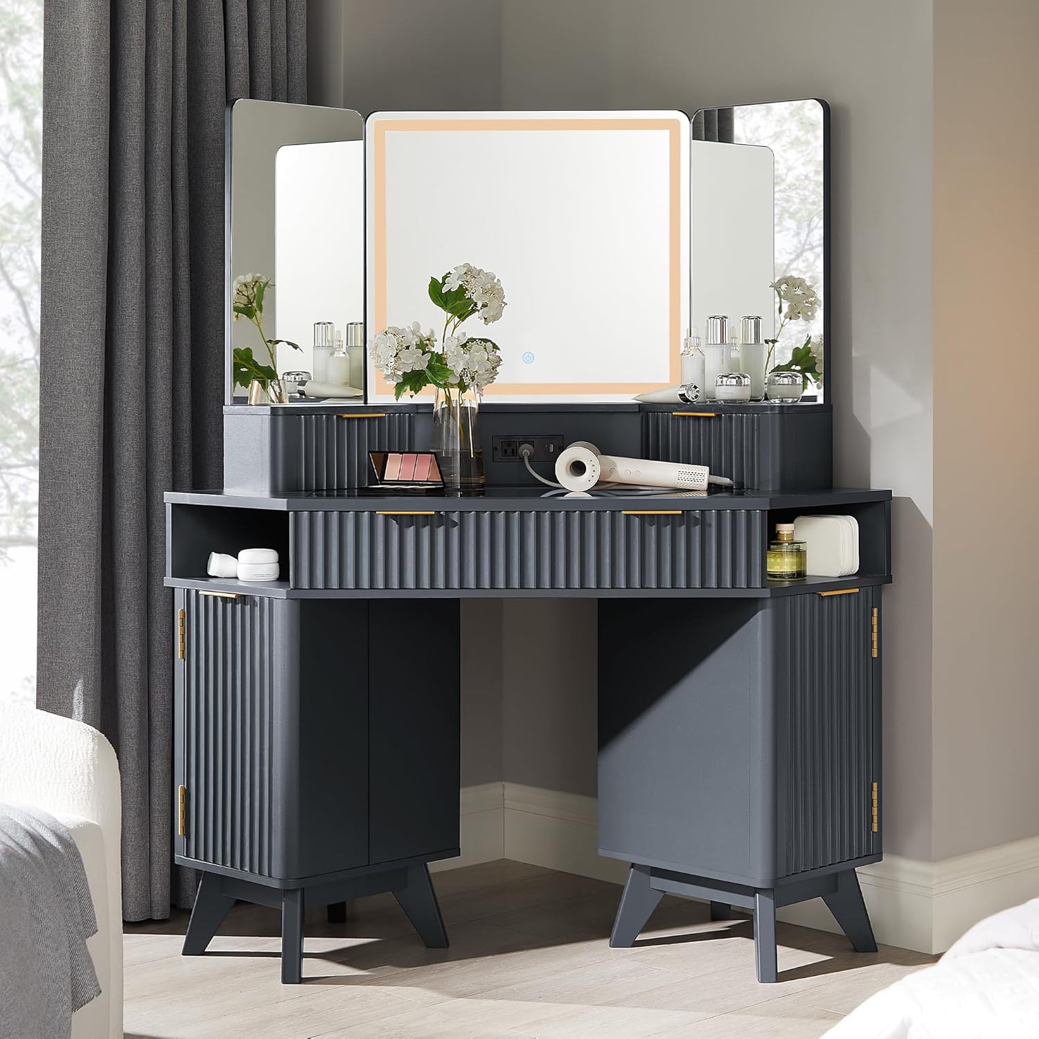 Fluted Makeup Vanity Desk with 3-Way Mirror and Lights