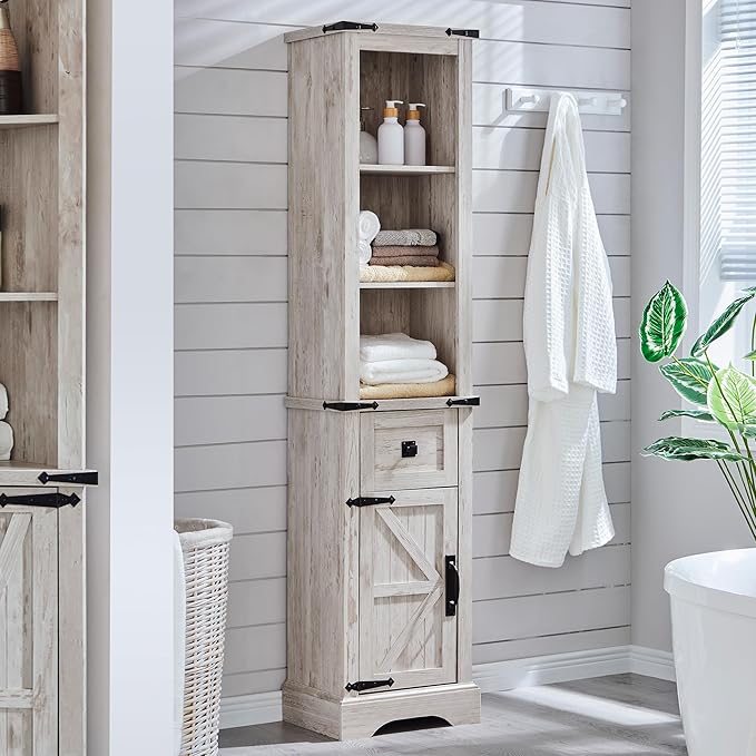 Farmhouse Bathroom Storage Cabinet with Adjustable Shelves and Drawer