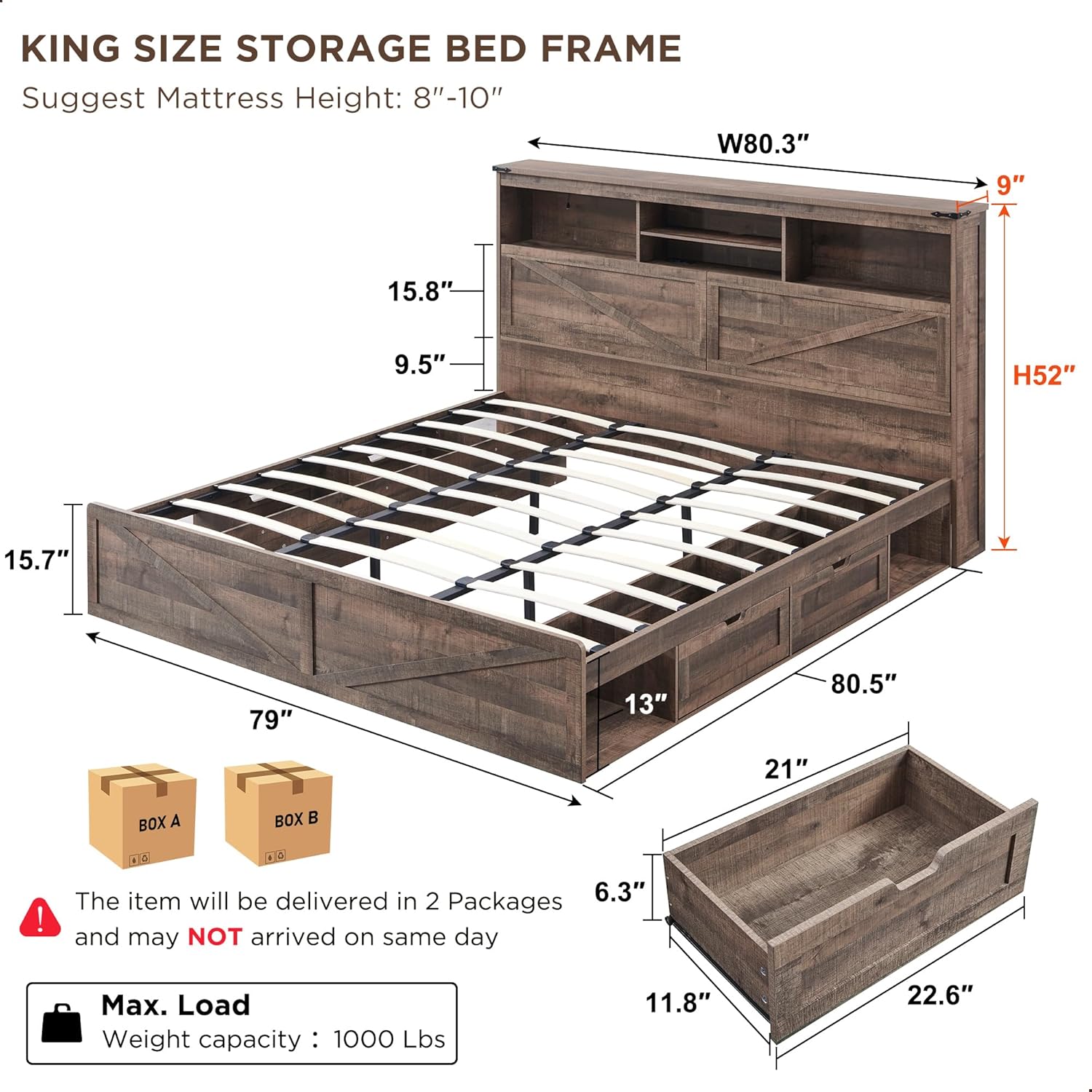 Farmhouse King Bed Frame with Storage Headboard, Drawers & LED