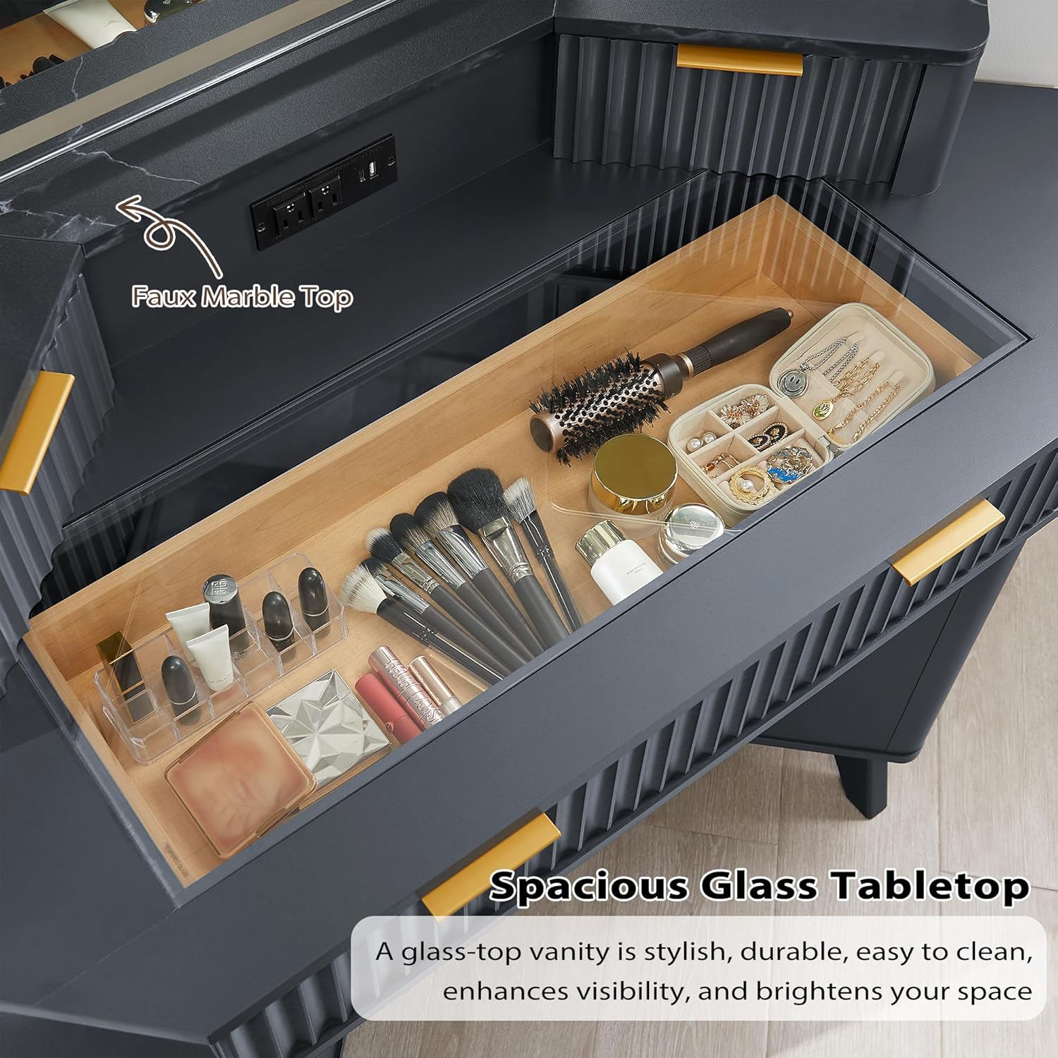 Fluted Makeup Vanity Desk with 3-Way Mirror and Lights