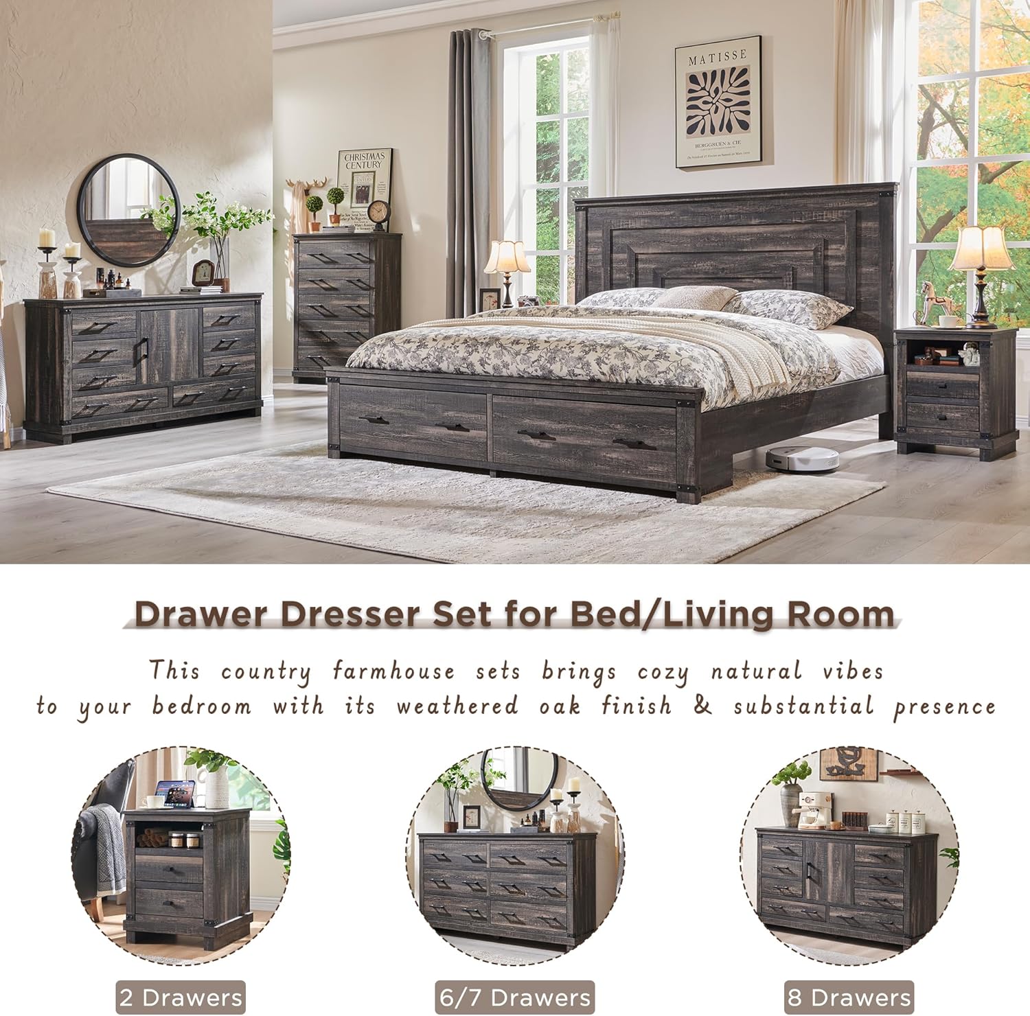 Farmhouse 5-Drawer Dresser: Rustic Wood Tall Chest for Bedroom