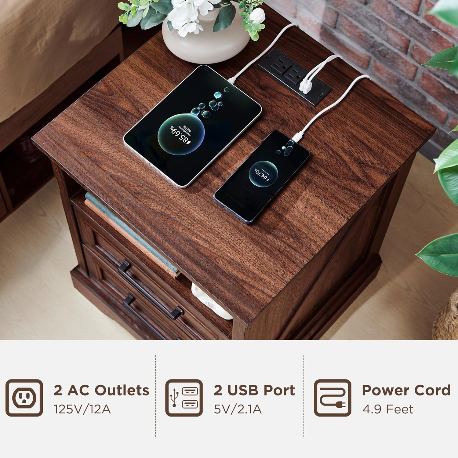 Farmhouse Nightstand with Charging Station - End Table with Drawers