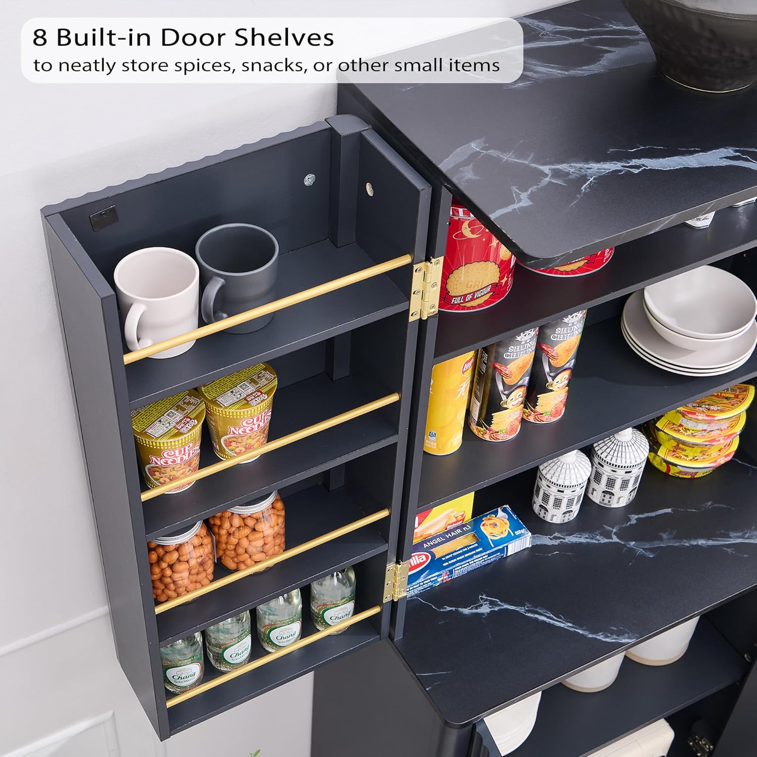 72" Mid-Century Modern Fluted Kitchen Pantry Cabinet, Dark Grey