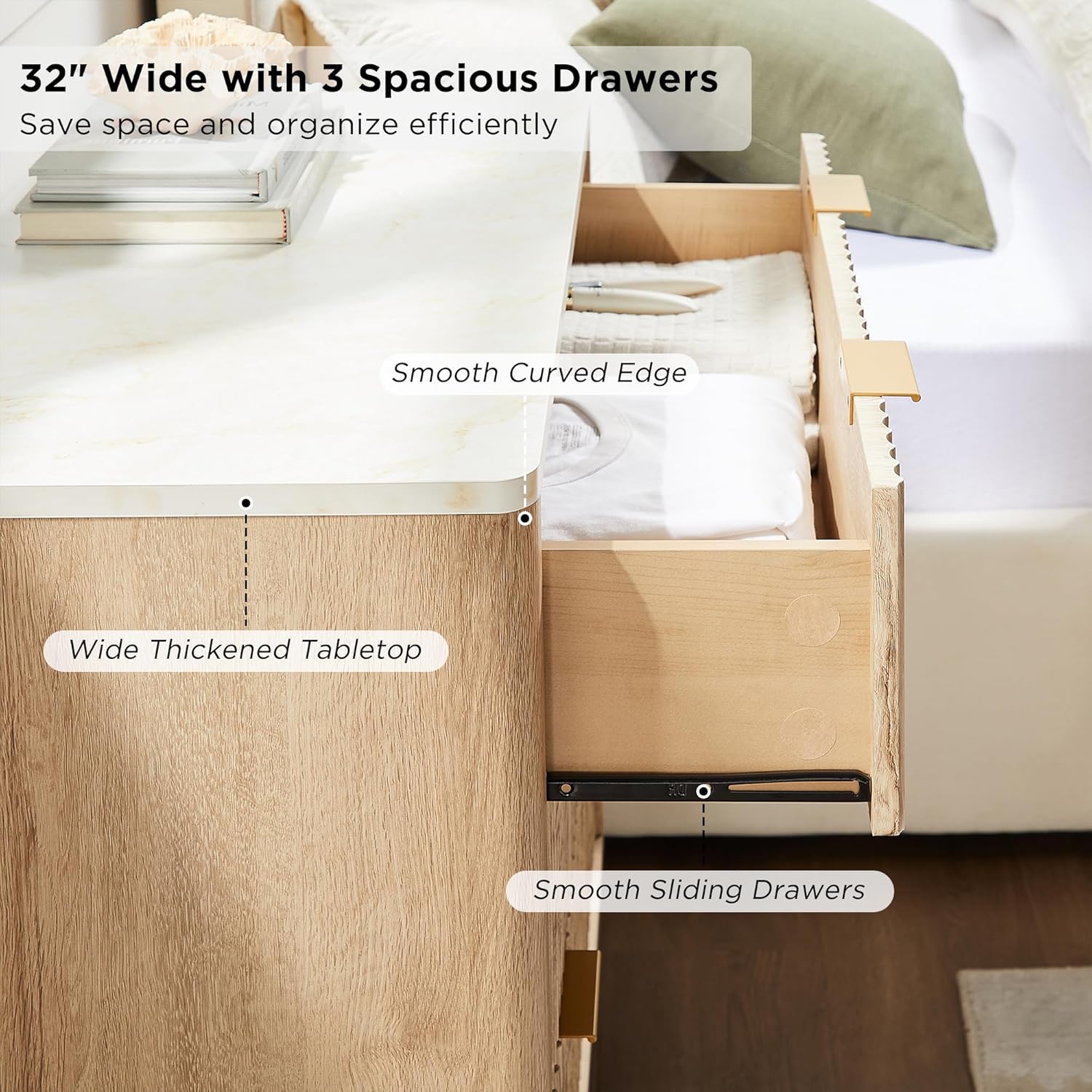 T4TREAM Fluted 3-Drawer Dresser: Modern Chest with Faux Marble Top