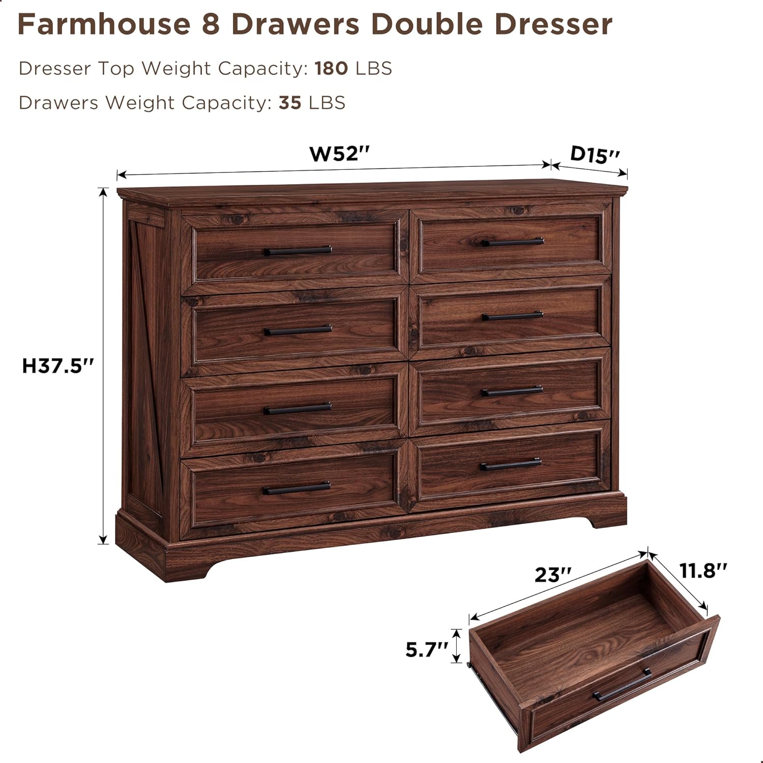 Rustic Farmhouse 8 Drawer Dresser Chest: Wide Wood Organizer